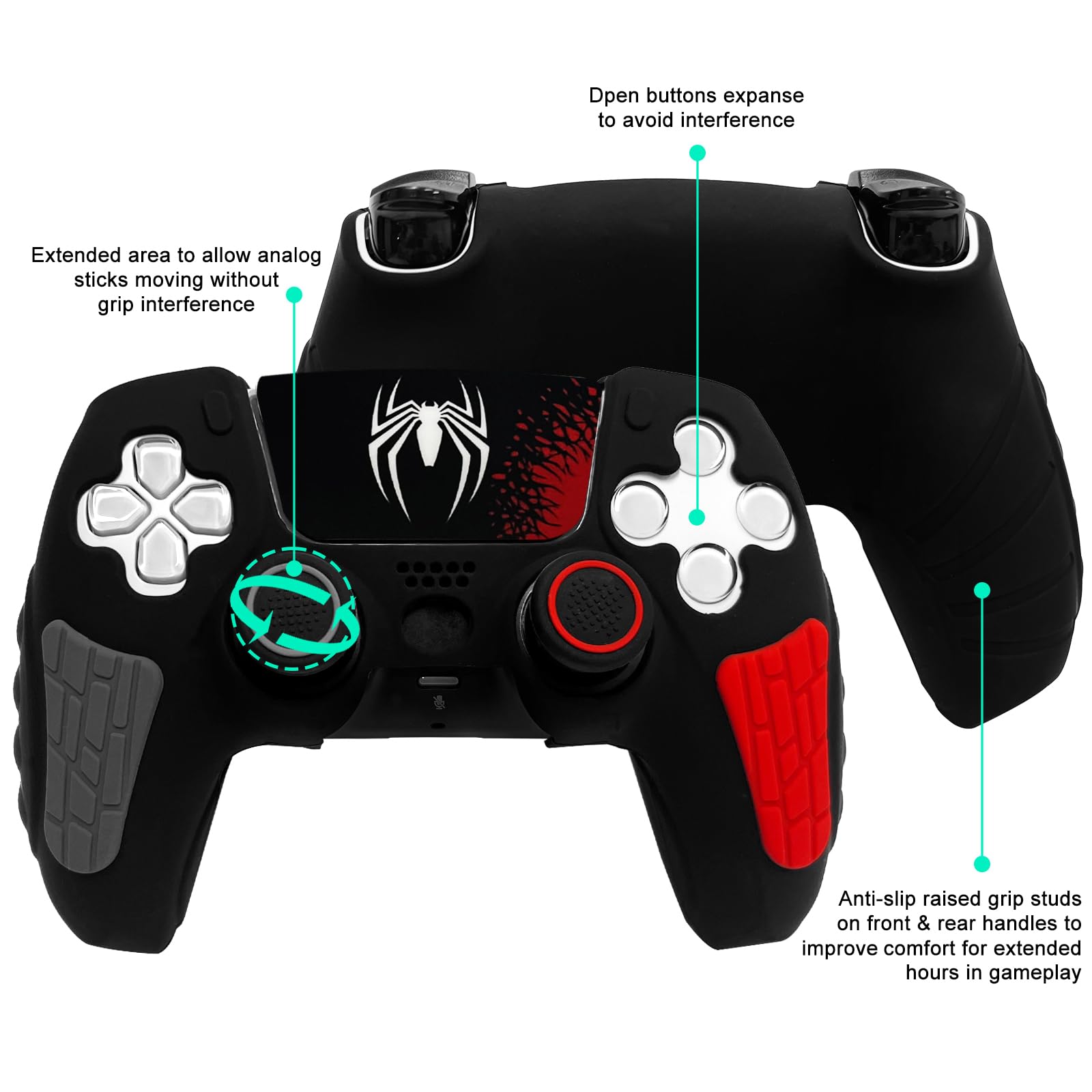 Funda protectora antideslizante de silicona para PS5, diseño de araña negra y suave, compatible con mando PS5/Slim/Pro con 2 tapas de agarre para el pulgar, protectores de joystick, calcomanía
