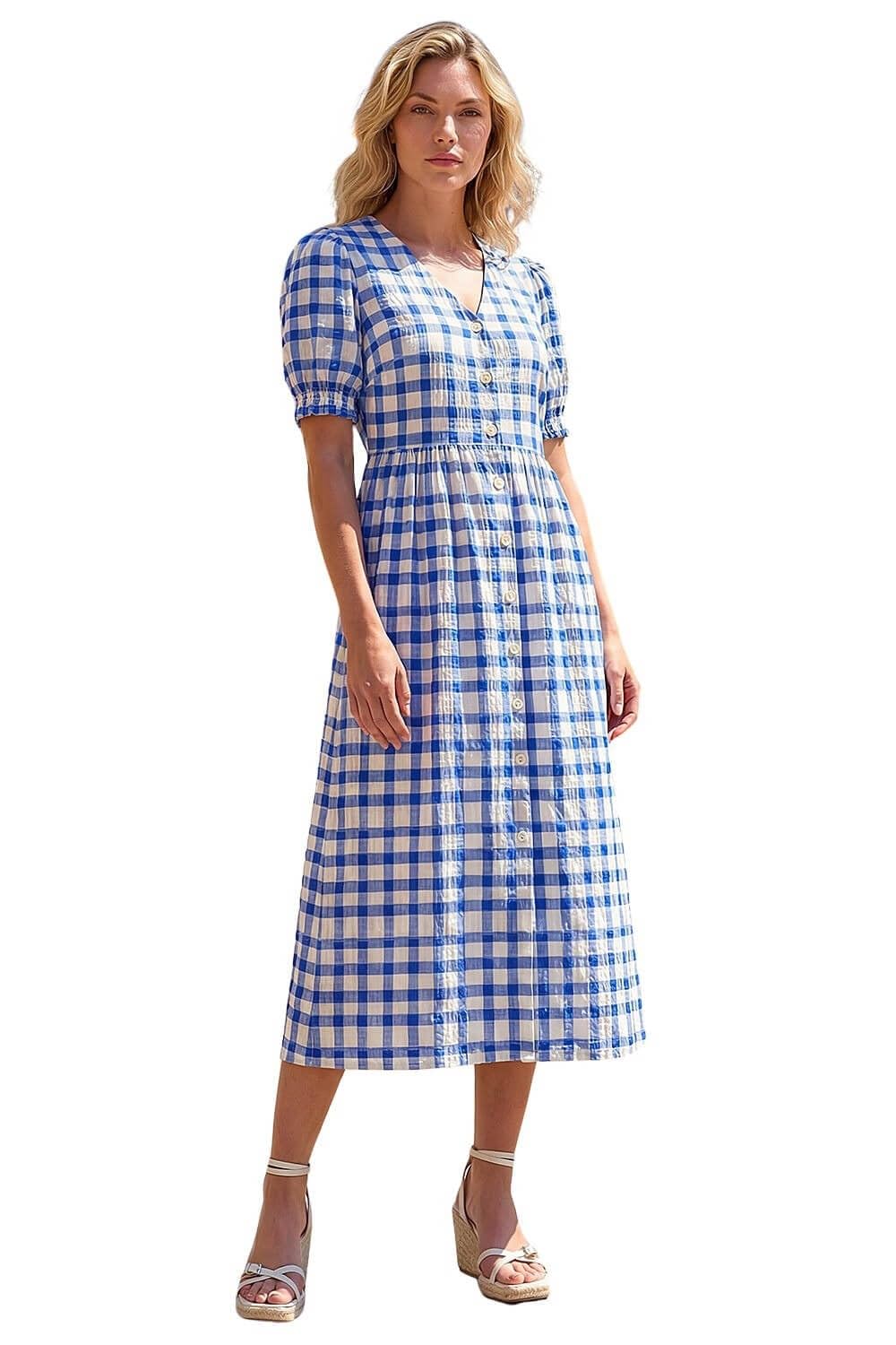 Roman Women's Blue Check Button Midi Dress In | : Size 18