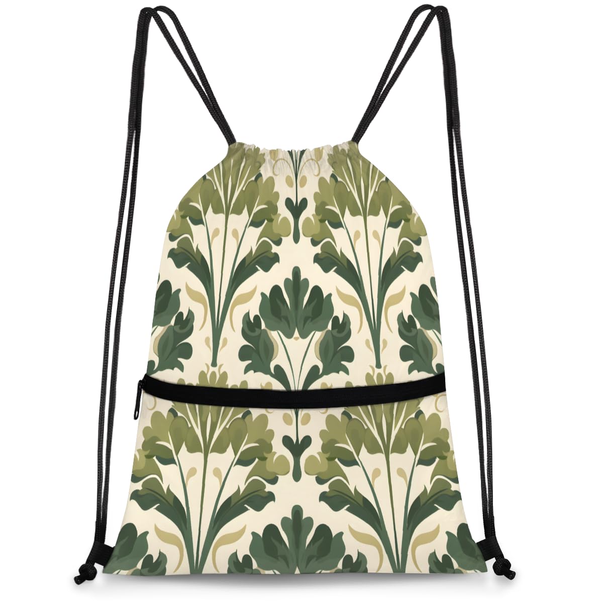 QsirBC Green Leafy Pattern Drawstring Bag for Men &amp; Women, Gym Sports Backpack with Zipper Pocket, Lightweight String Sackpack for Travel, Running, Hiking, Workout