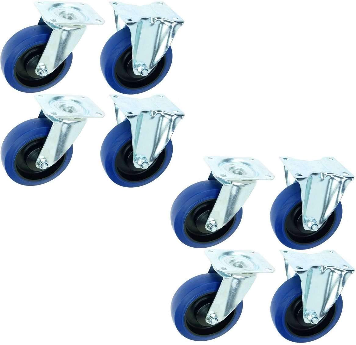 2 Satz 125 mm BLUE WHEELS Bockrollen + Lenkrollen ohne Bremse Transportrollen Schwerlastrollen 165 kg/Rad Blau - INDUSTRIEQALITÄT ECO (2 Satz Lenk/Bock)