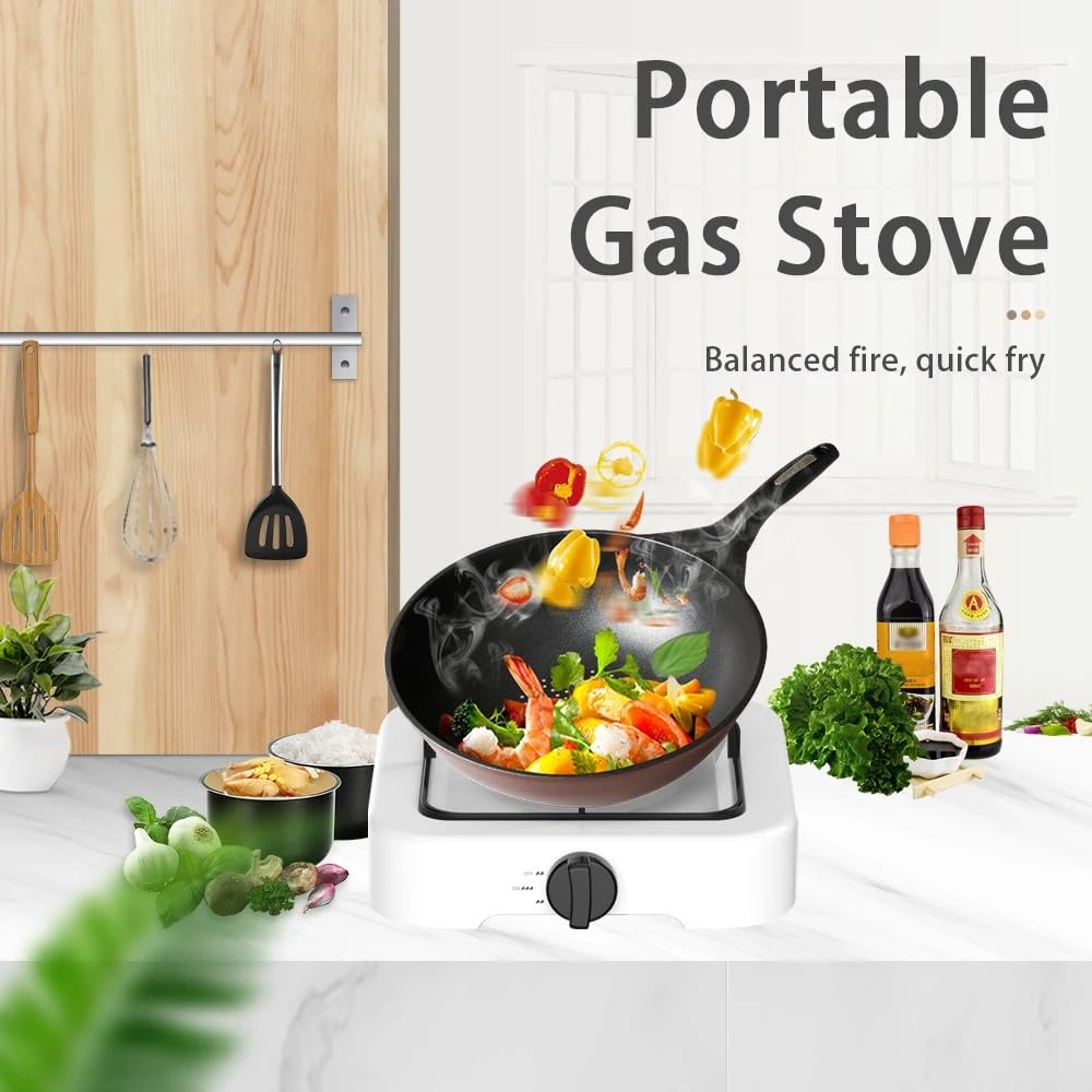 Fornello a Gas Portatile 2,2 kW con Accensione Manuale, Struttura in Metallo Smaltato, Valvola di Sicurezza CE, Ideale per Campeggio e Cucina di Emergenza(1 Fuoco)