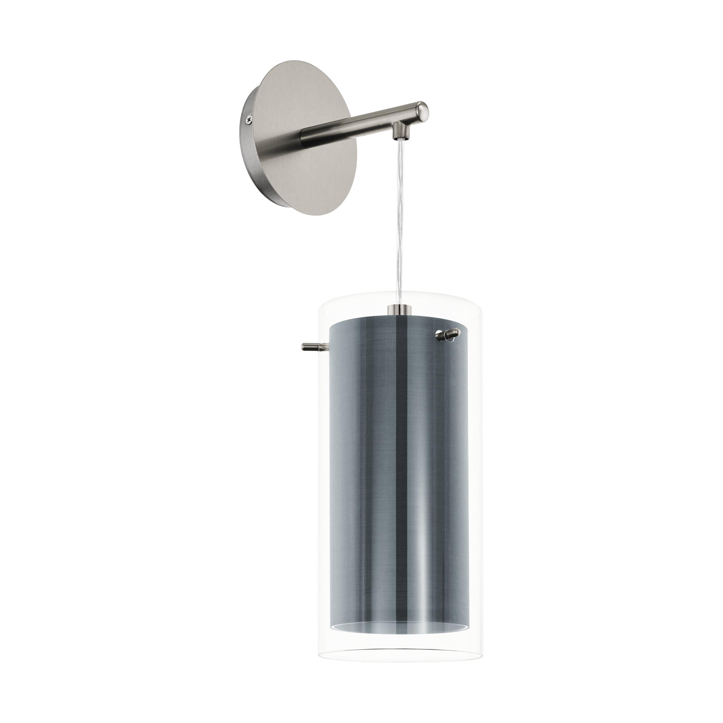 EGLO Wandleuchte Pinto Textil, Wandlampe für innen, Wandbeleuchtung aus Metall in Nickel-Matt, transparentem Glas und grauem Stoff, Wohnzimmerlampe, Flur-Lampe mit E27 Sockel