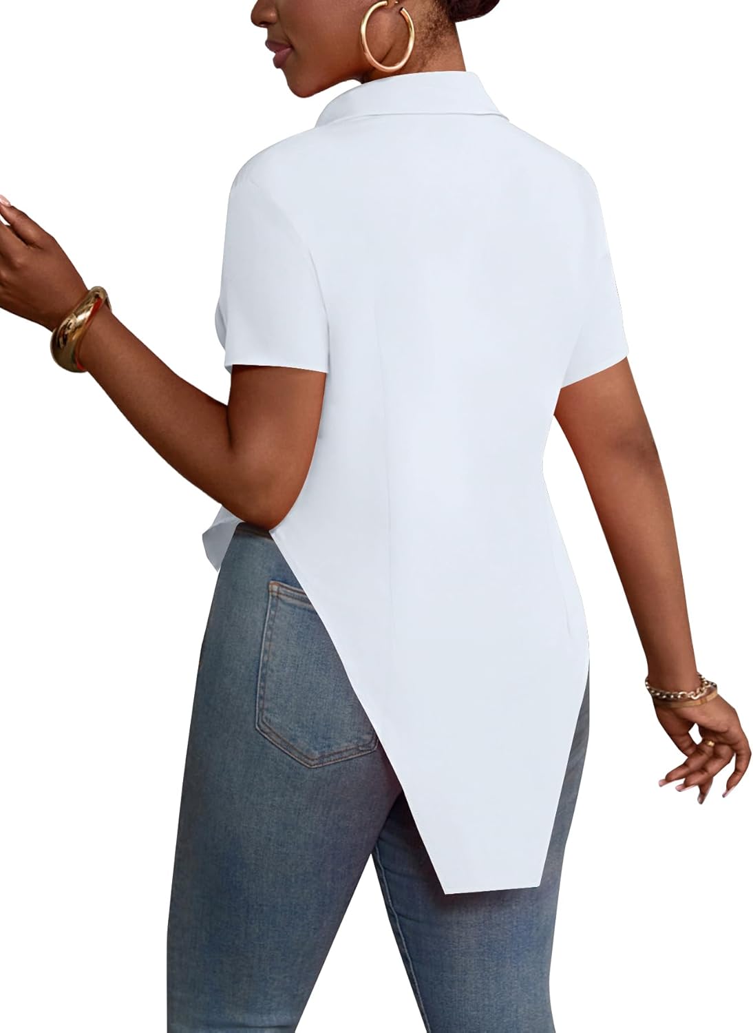 LYANER Women's Collar V Neck Button Front Short Sleeve Slit Hem Long Shirt Blouse Top - Image 6