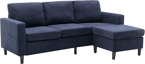 Miniatura 9 de YUNLife Sofá modular tapizado de lino de 3 plazas, sofá esquinero en forma de L con práctico bolsillo lateral, otomana de almacenamiento móvil y