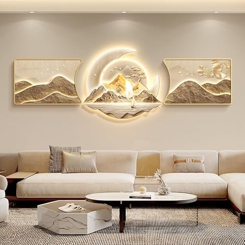 wihgony 3D LED Wall Art for Living Room, Large Mountain & Nine Fish Wall Decor with Lights, Modern Wall Art Decorations for Bedroom, Office, Kitchen(B,BLACK_65*40/75 * 70/65 * 40CM)