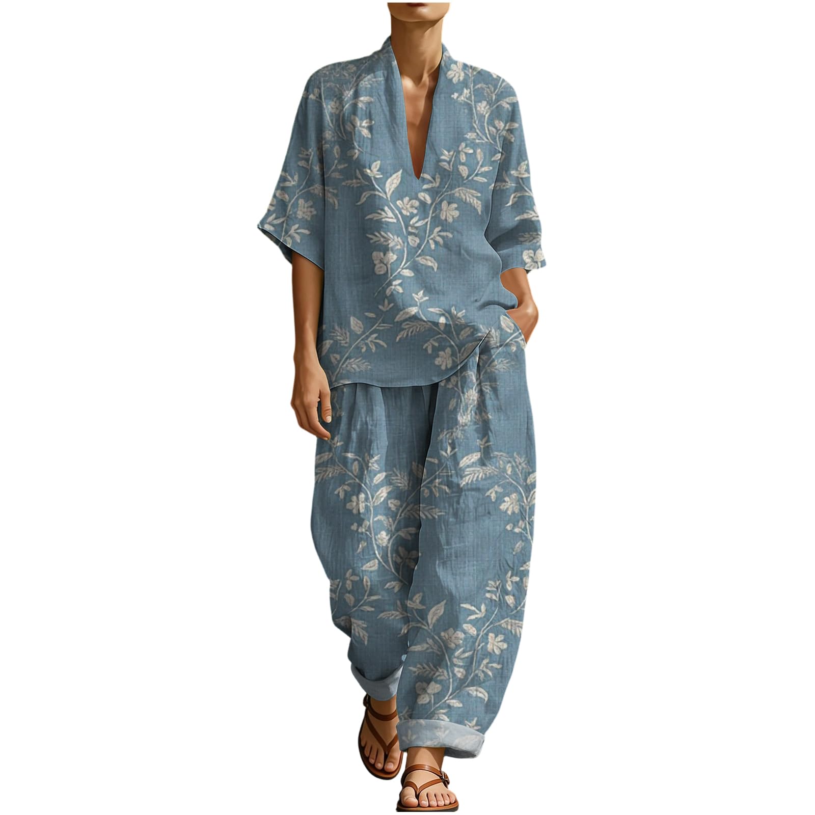 Ensemble Femme Chic et Elegant en Lin Coton - 2 Pièces Décontracté Haut Col en V et Pantalon Large à Imprimé Vetement Femme Été Respirant Leger pour Vacances Loungewear