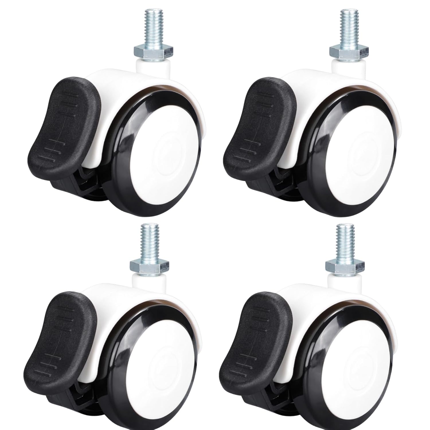 4Pcs 2 Inch Twin-Wheel M10 Threaded Stem Swivel Caster, with Brake, PVC Tread, Smooth Quiet Rolling, for Medical Equipment, Office Furniture, Cart, Table (Black White)