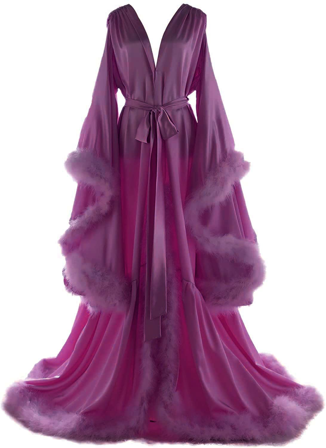 Women's Feather Bridal Robes Old Hollywood Maternity Photoshoot Nightgown Silk Bathrobe Long Lingerie: 3X-Large Rose Violet