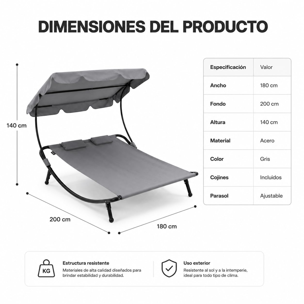 Cama Balinesa Doble Exterior con Toldo Ajustable y Cojines, Tumbona de Jardín para 2 Personas, Estructura de Acero para Terraza, Piscina y Patio