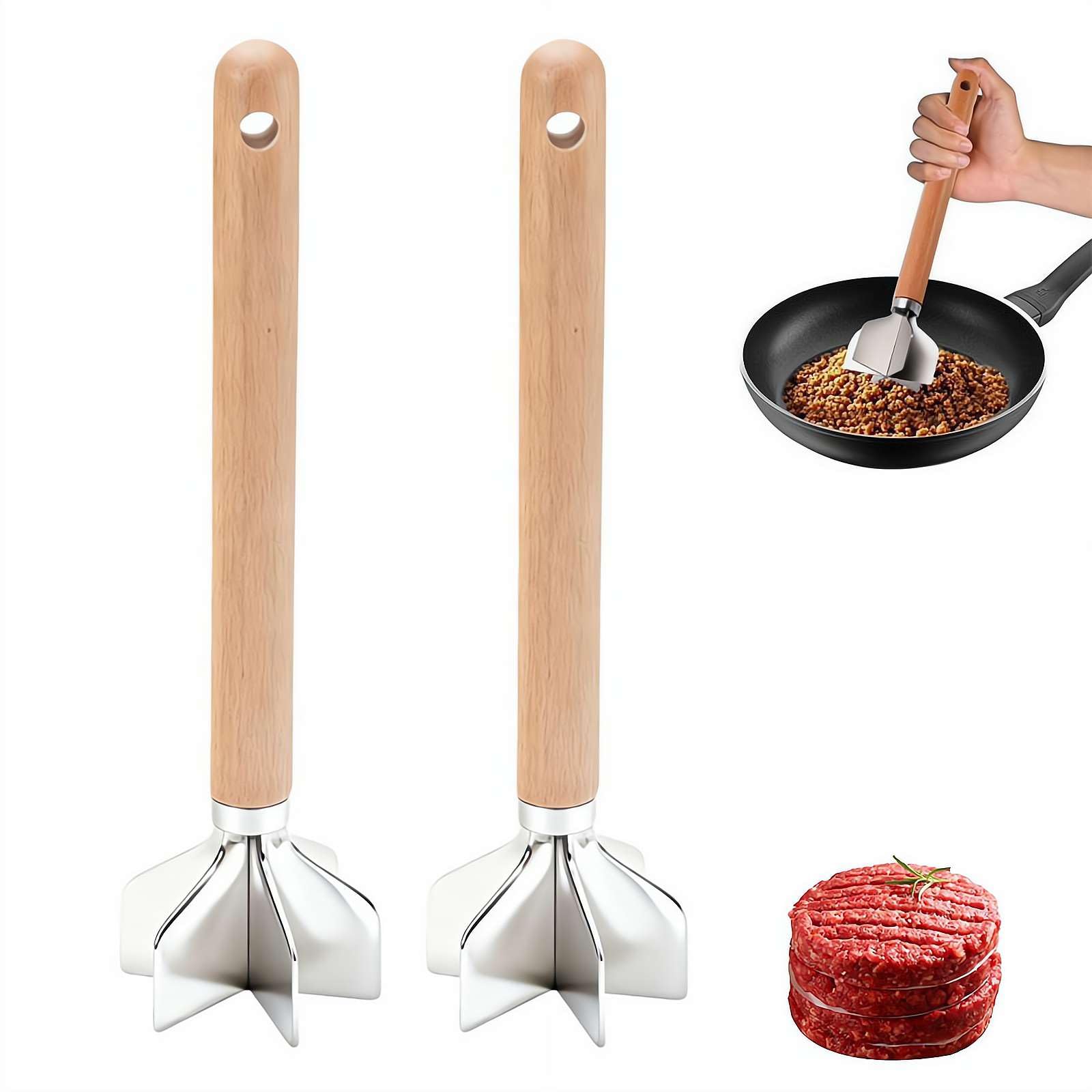 Fleischzerkleinerer Stampfer, 6 Klingen gemahlenes Rindfleisch Zerkleinerer mit Holzgriff, 27,9 cm Kartoffelstampfer, Mehrzweck-Küchenwerkzeug für Hausmannskost und Hackfleischzubereitung
