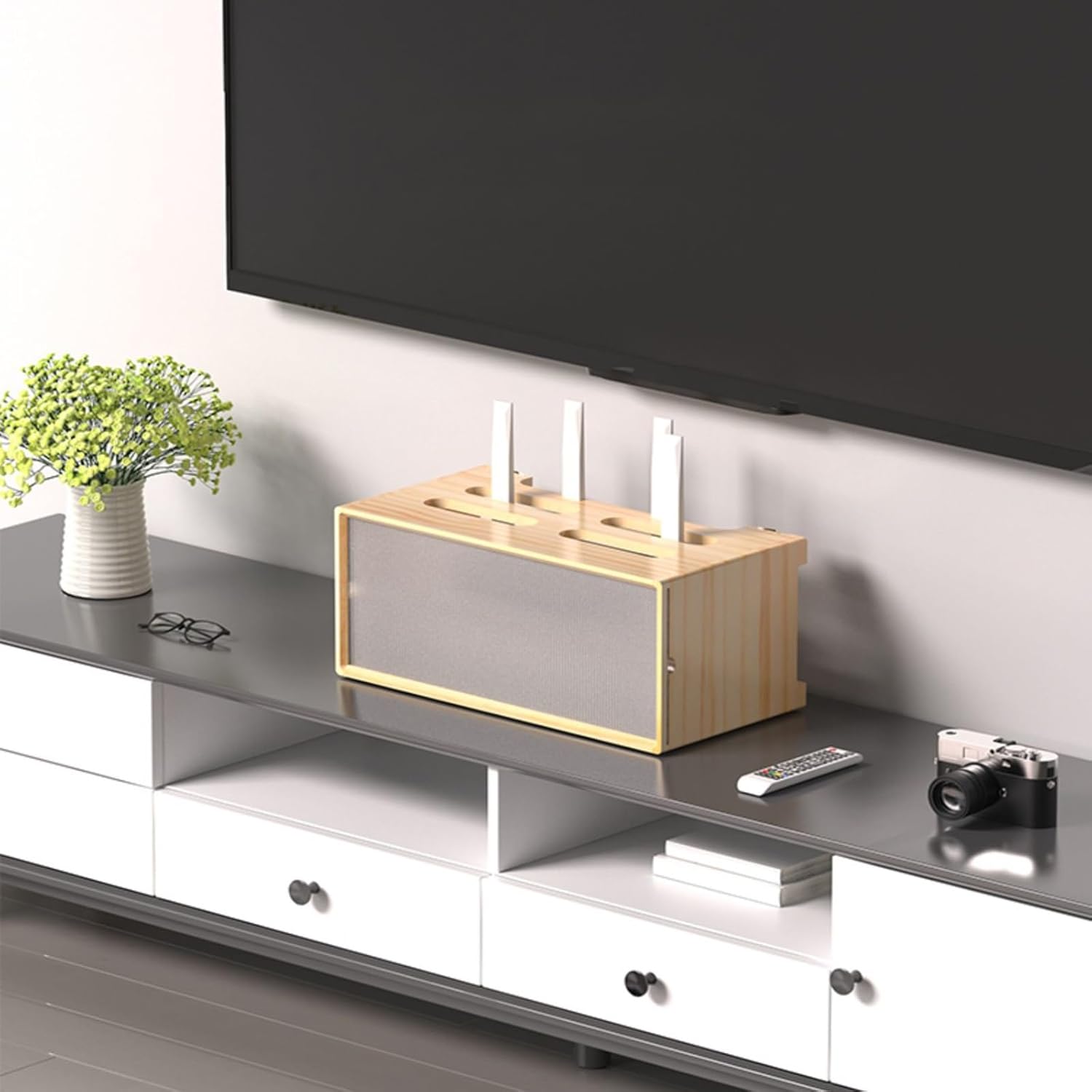 木製ルーター収納ボックス、WiFiルーターキャビネット、収納棚ラックメディアコンソール、WiFiボックスハイダー、スライド式ガラスド