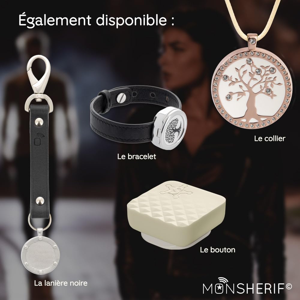 Bouton d'alerte MONSHERIF + médaillon hublot argenté avec lanière Marron : l’élégance au Service de la sécurité avec Un Bouton d’Alerte connecté Discret