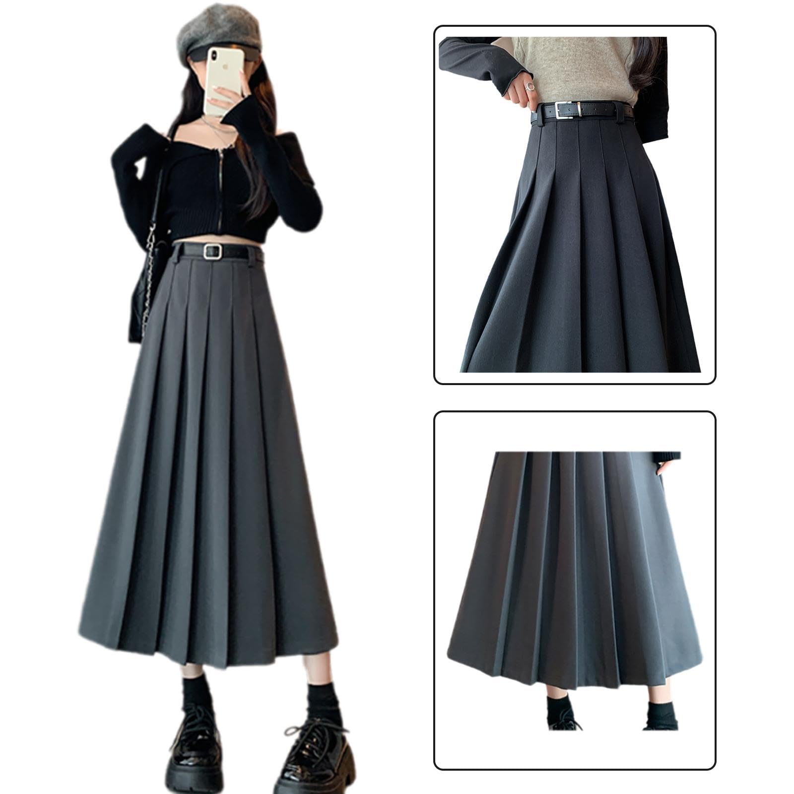 Generisch Faltenrock Damen High Waist Maxirock Wollrock Langer A-Linie Rock Elegant Herbst Winterrock Warm Röcke Midi Trachtenrock