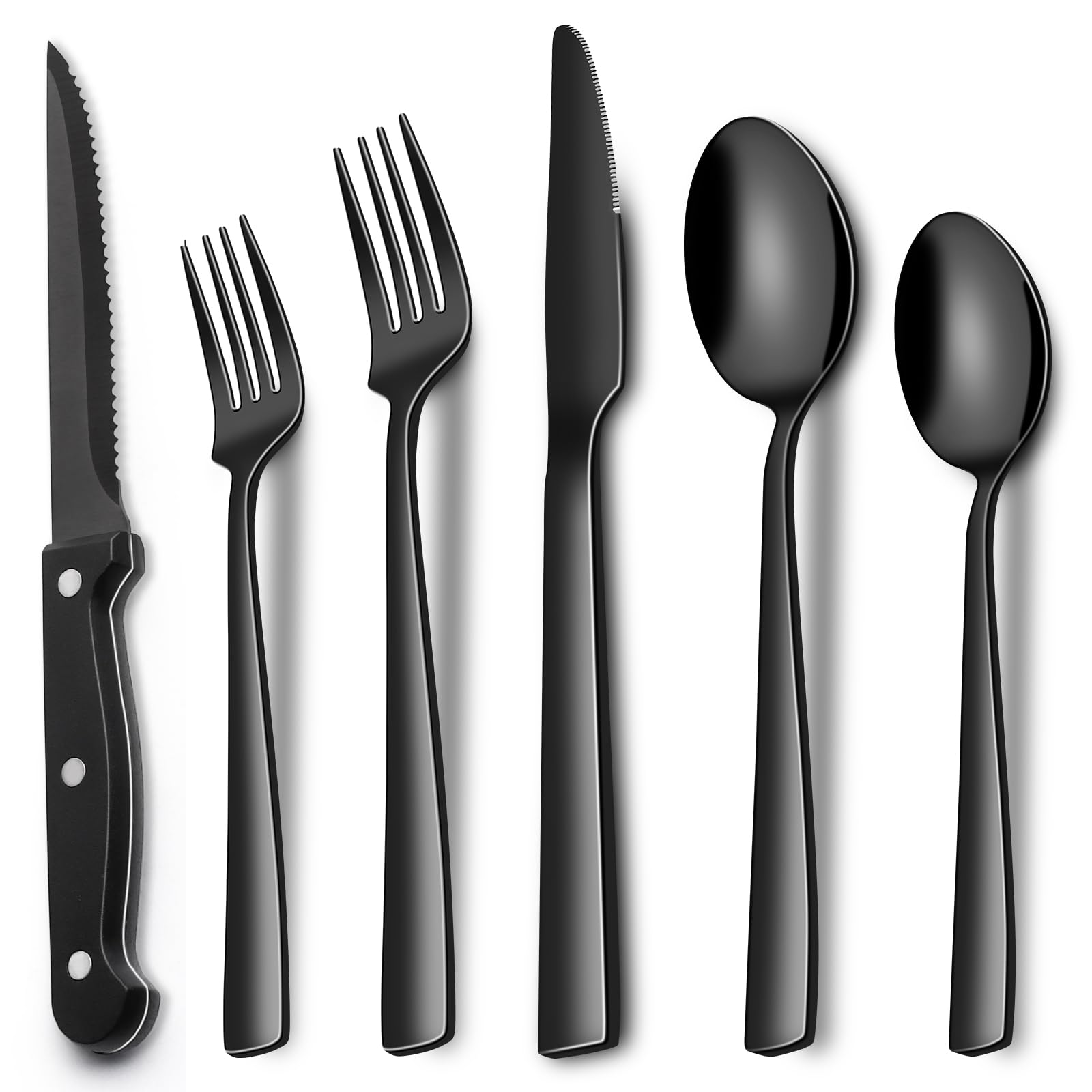 EWFEN 24-Piece Black Silverware Set with Steak Knives, Black Flatware Set for 4, Food-Grade Stainless Steel Tableware Cutlery Set, Mirror Finished Utensil Sets for Home Restaurant, Square Edge