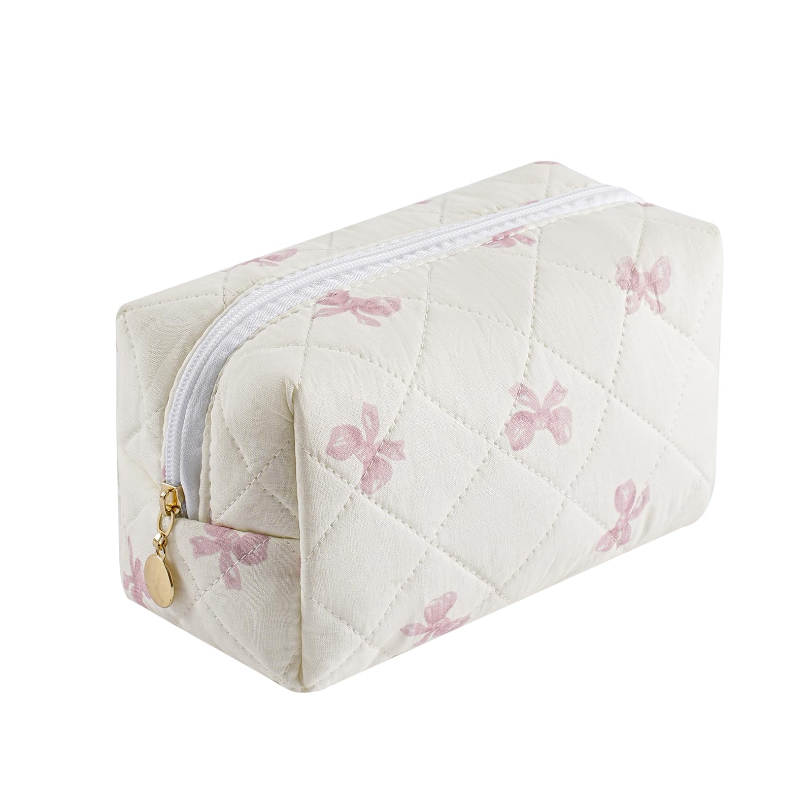 WHHJM Cute Floral Makeup Bag Small Cotton Quilted Cosmetic Bag, Aesthetic Pencil Pouch Toiletry Period Bag for Women Girls Travel Accessories (Pink Small Bowknot)
