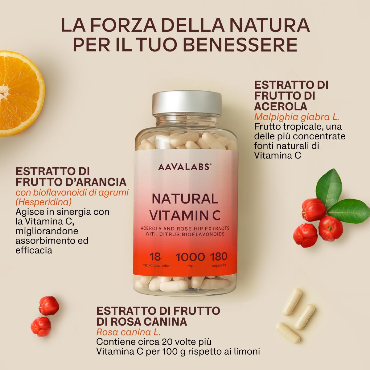 Vitamina C 1000mg Vegan - Integratore Vitamina C Naturale Alto Assorbimento con Bioflavonoidi, Rosa Canina, Acerola - 1000 Vitamina C Pura per dose - Vitamin C Difese Immunitarie 180 Capsule