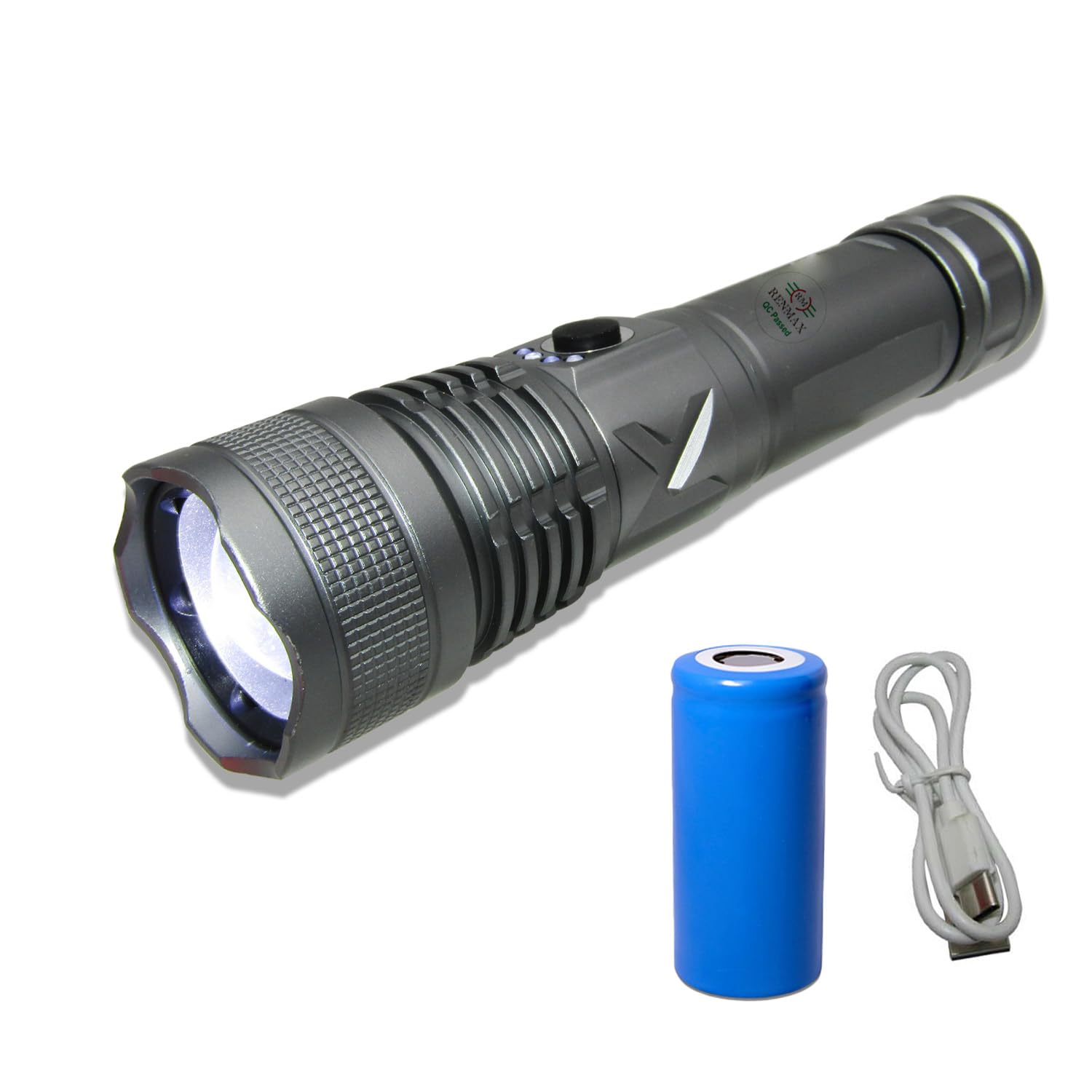 RENMAX Strong Beam Adjustable Focus Zoom Hand Torch | 5-Light Modes | 4800mAh Rechargeable Battery with C-Type Fast Charging | Rainproof Metal Body -1 Pc (18 Cm Silver)