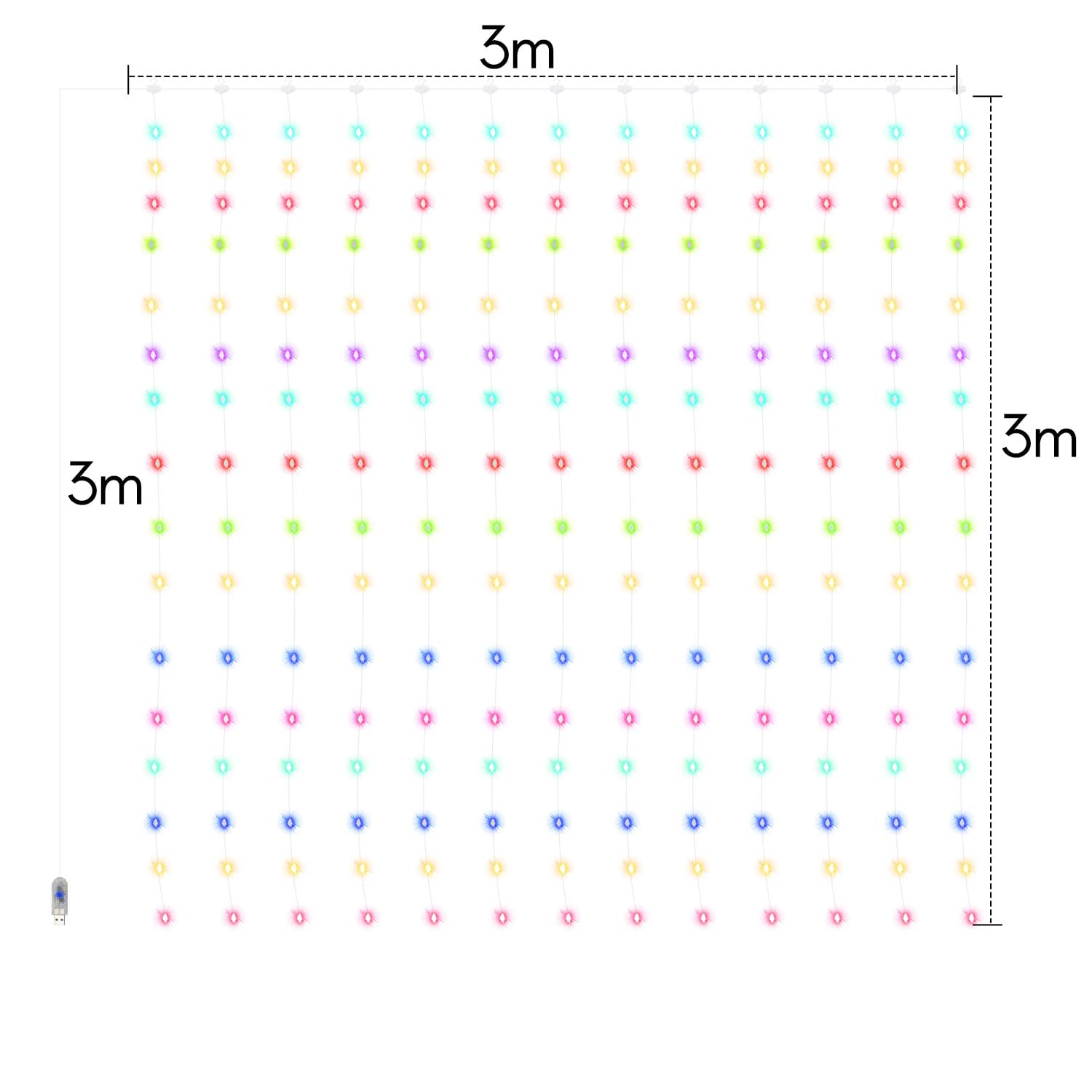 Rideau lumineux à 300 LED - 3 x 3 m - 2 guirlandes lumineuses pour l'intérieur de la fenêtre - 8 modes avec minuterie - Étanche - Lumière de Noël - Décoration intérieure et extérieure - Pour