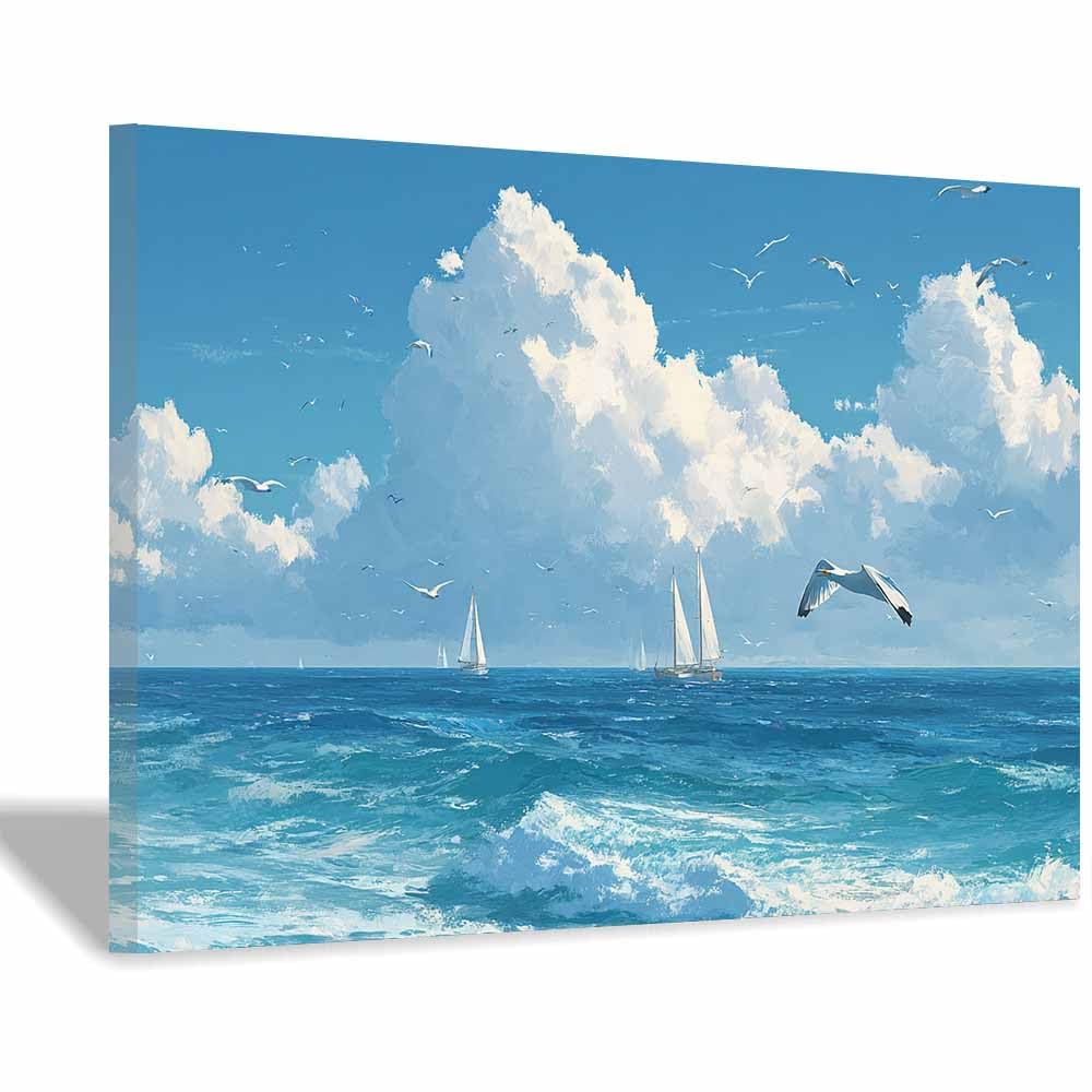 HOQIU Landscape wall art SailBoats s in Blues Ocean canvas art, art print, house decor, bedroom wall decor above bed, prints for living room.(Multicolor)-70x100cm Framed
