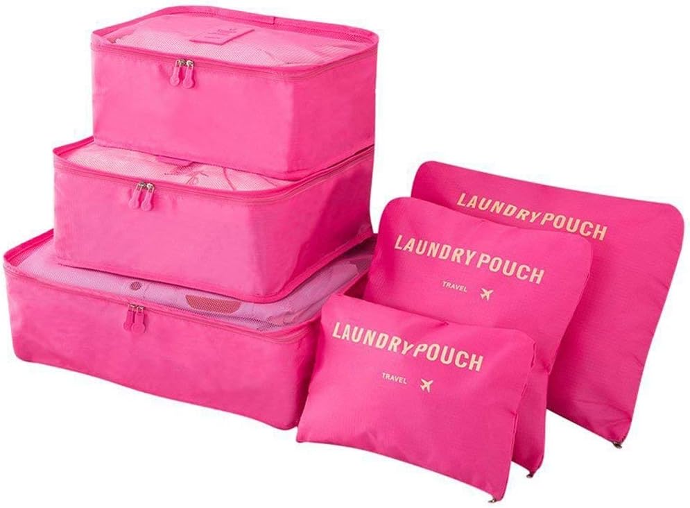 Vicloon 6-en-1 set de Organiseurs de Bagage pour Voyage,Ensemble Complet de Différents Taille sacs de Voyage Rangement,Organisateurs Valises en Nylon 3 Cubes + 3 Sacs de Voyage (Rose)
