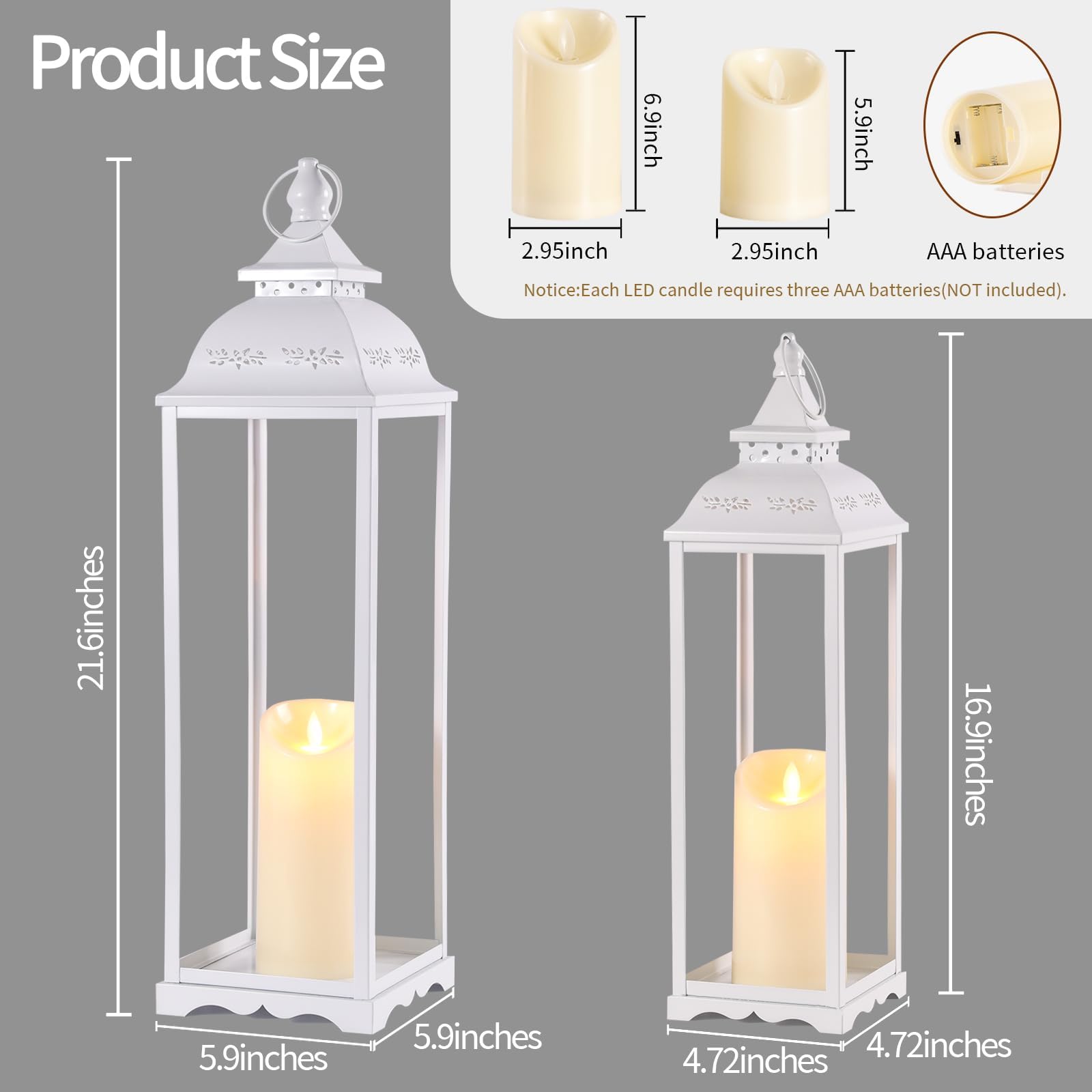 HAVITI Paquete de 2 faroles grandes decorativos para interiores, faroles altos blancos para porche, decoración de farol de 22 pulgadas y 17 pulgadas (sin vidrio) con 2 velas sin llama para boda, hogar