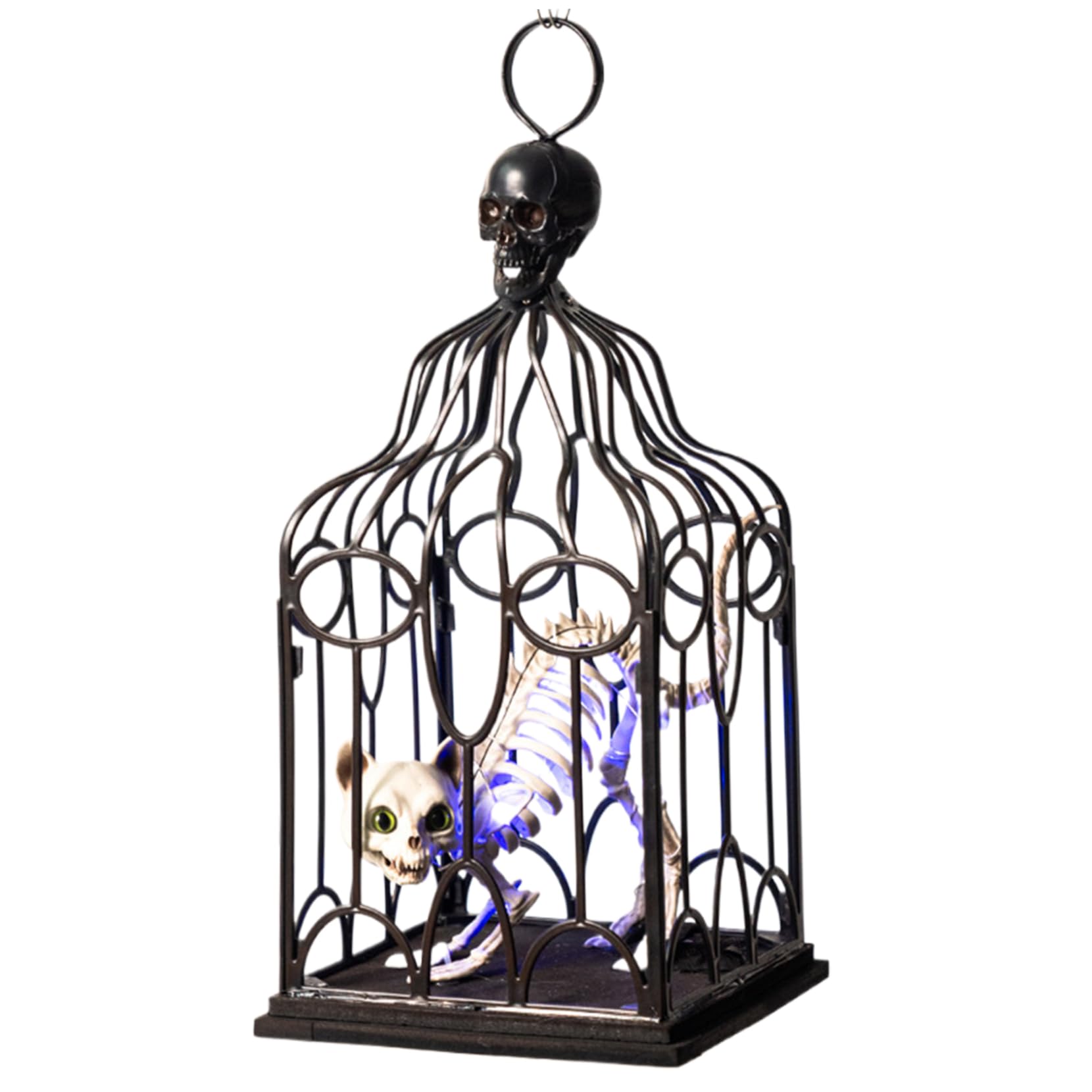 Wedhapy Halloween Animatronics Halloween Light Up Decorations Skeleton with Cat Skull, Scary Cage Animatronics Spooky Hanging Decor