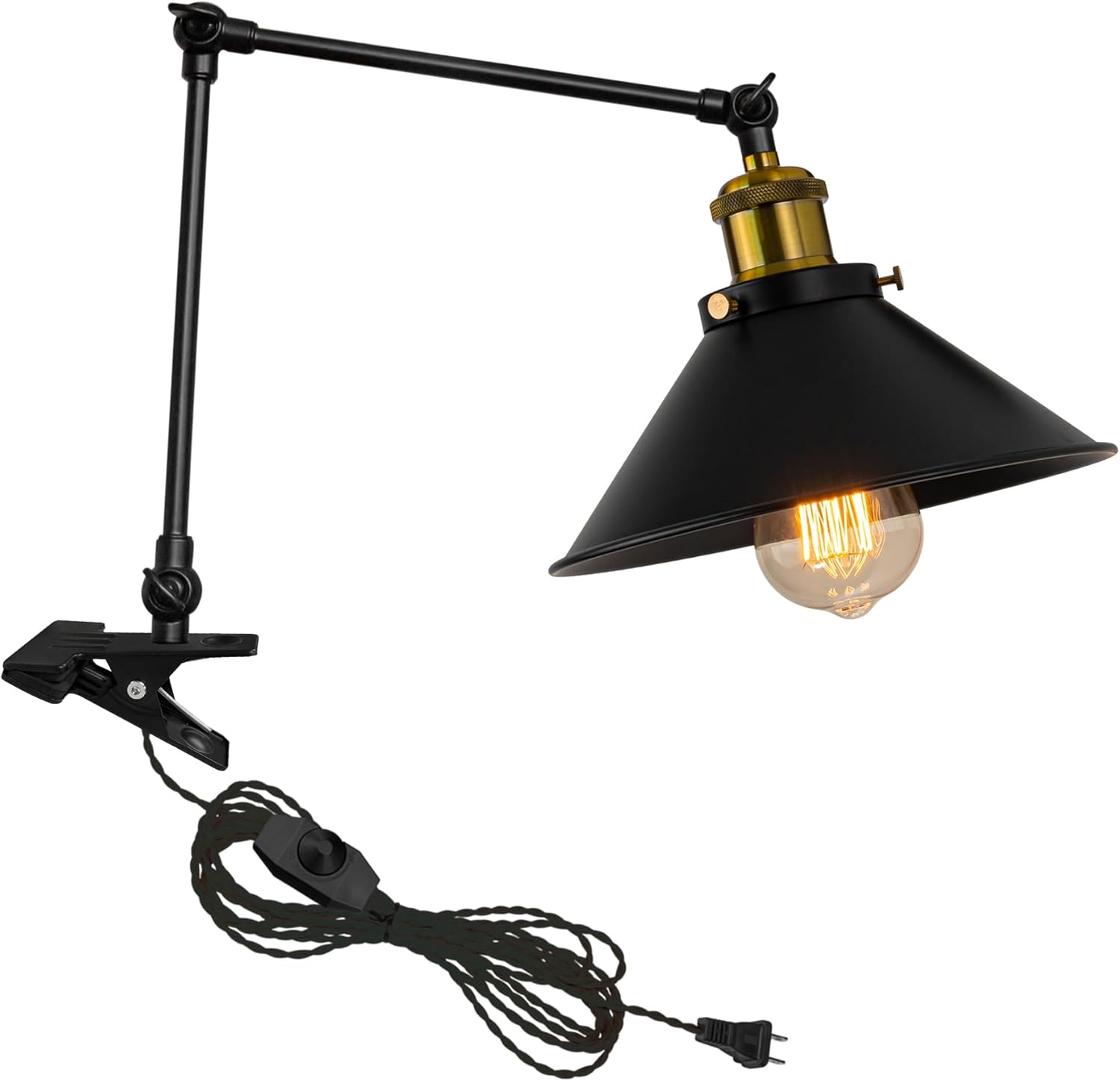 Kiven Plug-in Modern Clip-on Desk Lamp, 1-Light Nightstand Lamp with Flexible Arm, 8.2FT Plug in Cord, Decorative Clamp Lamp for Office Home Bookshelf Bedside Black Finish
