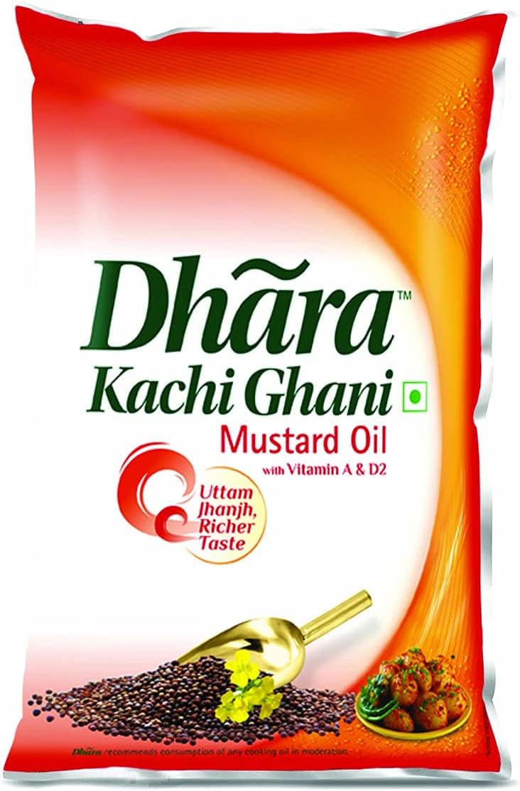 Dhara Kachi Ghani Mustard Oil (0% Trans Fat), 1 L Pouch