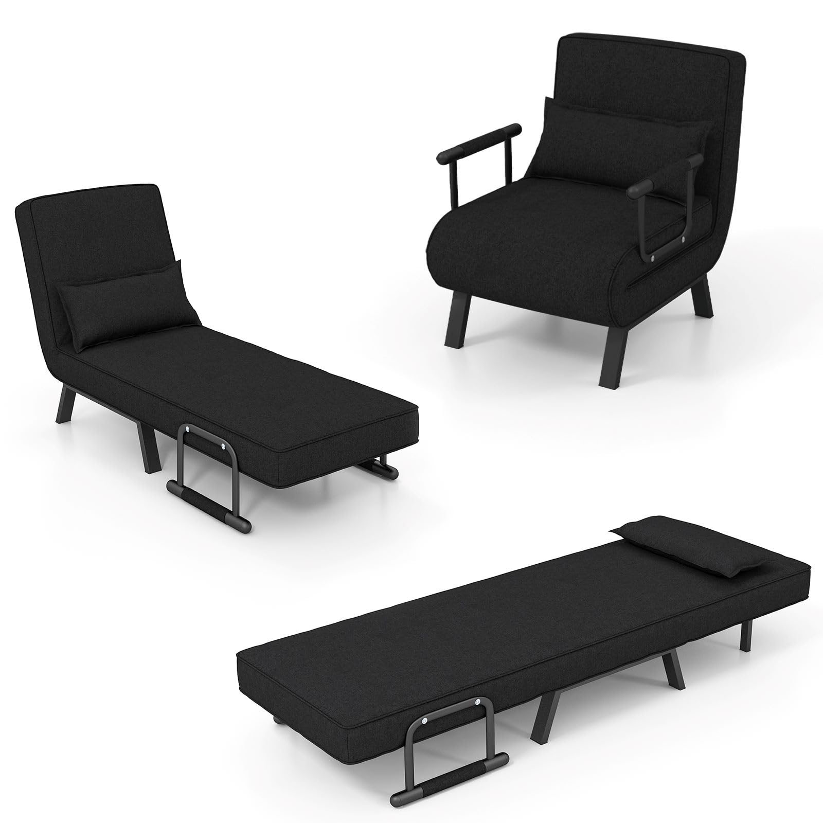 HOMASIS Sofá Cama 4 en 1 con función de Cama, sofá Cama Plegable con reposabrazos, sillón Plegable con Respaldo Ajustable y cojín extraíble, sillón Cama para casa, Oficina, hasta 150kg (Negro)