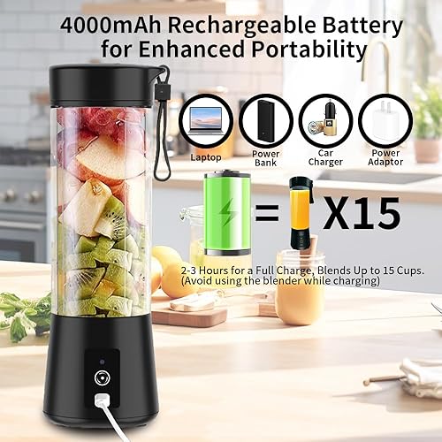 Miniatura 3 de Lyrique Licuadora portátil licuadora eléctrica personal de 13.5 fl oz para batidos y batidos, USB-C recargable, cuchillas afiladas de acero
