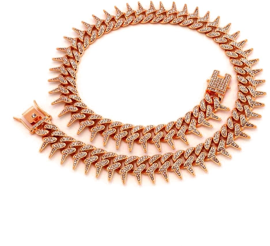 Image of Dog Chain Collar, Side Spiked Style Necklace Bling Diamond Cuban Link Dog Collars Glitter Rhinestone Puppy Collar for for Small Medium Large Pet Dogs (Rosegold, 16 Inch)