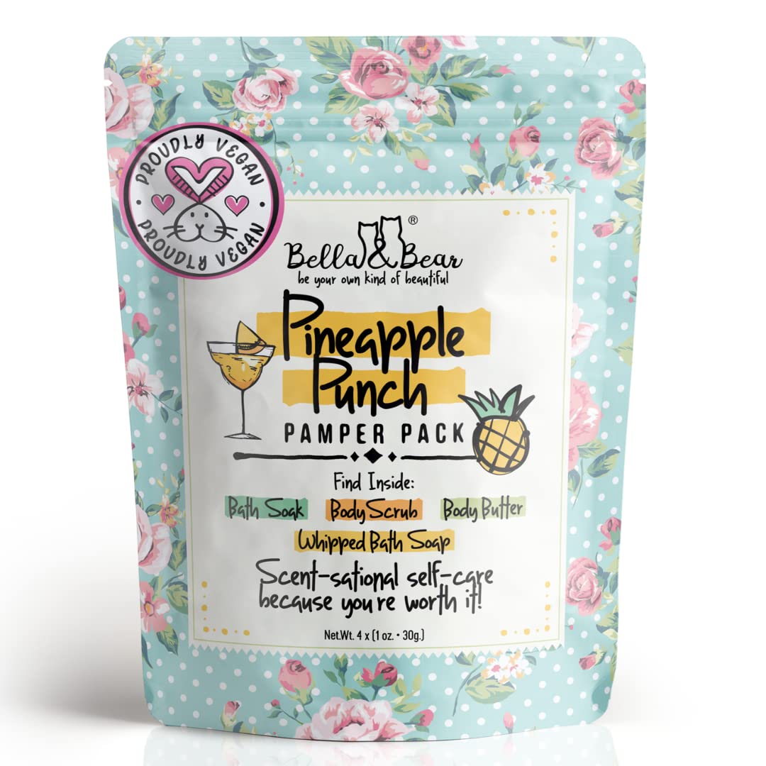 Pineapple Pamper Pack - Travel size bath soak, body scrub, whipped bath soap, body butter toiletries kit