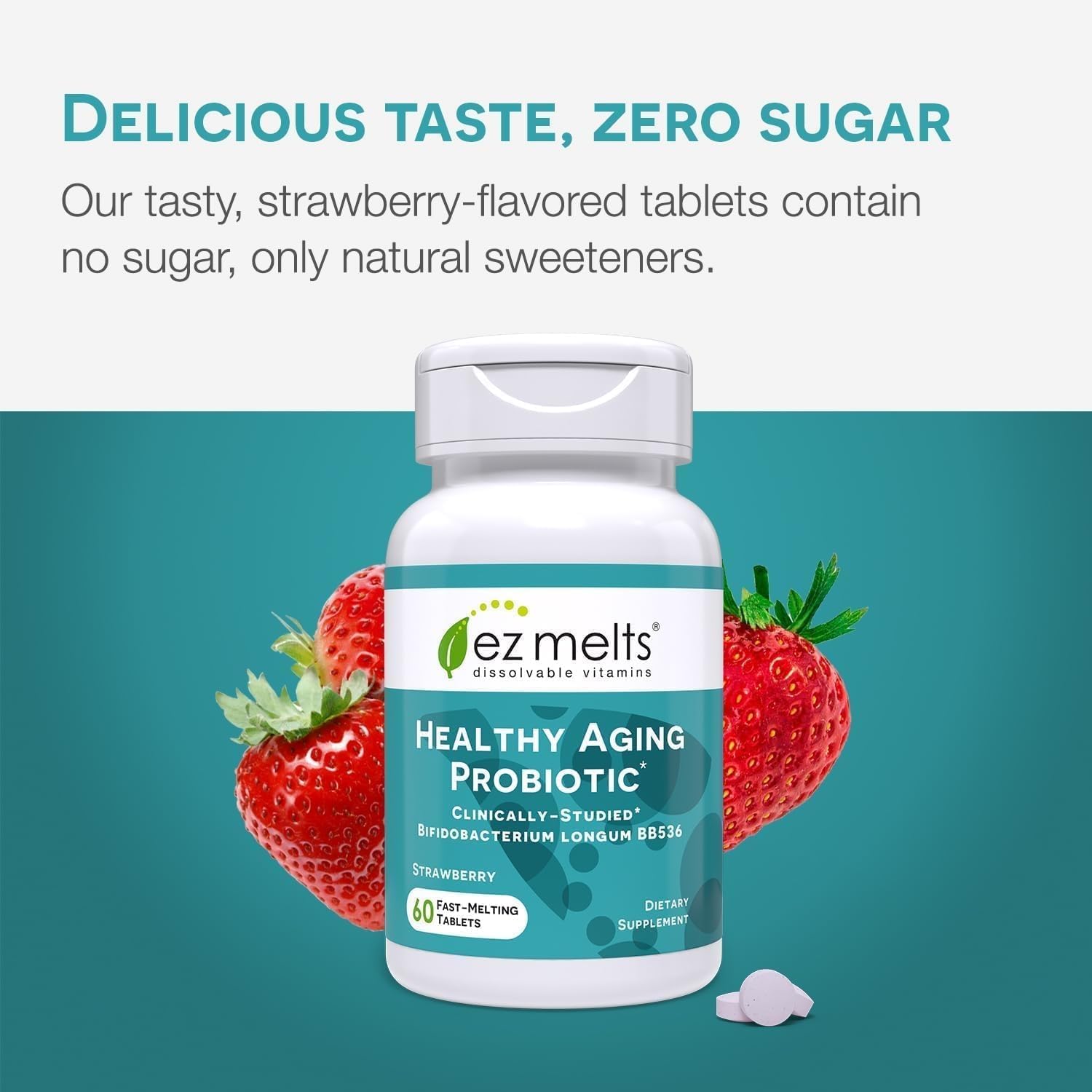 EZ Melts Healthy Aging Probiotic - Daily Probiotic for Digestive & Gut Health Support - with Bifidobacterium Longum - Non-GMO & Vegan - Strawberry - 120 Dissolvable Tablets (120 Servings)