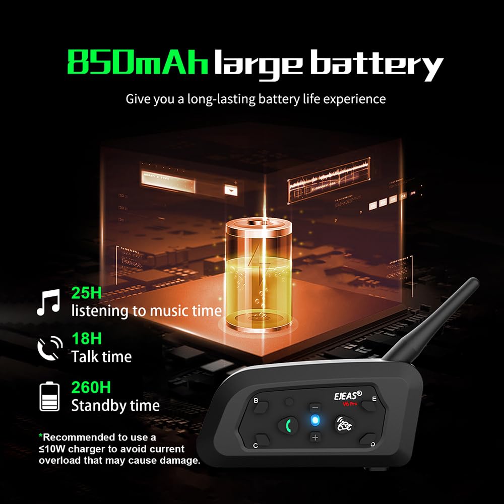 EJEAS V6 Pro 1200M BT citofono del motociclo di Bluetooth citofono del casco della motocicletta Headset con controllo del rumore avanzata per un massimo di 6 piloti sci e l'equitazione (2 Pezzo)