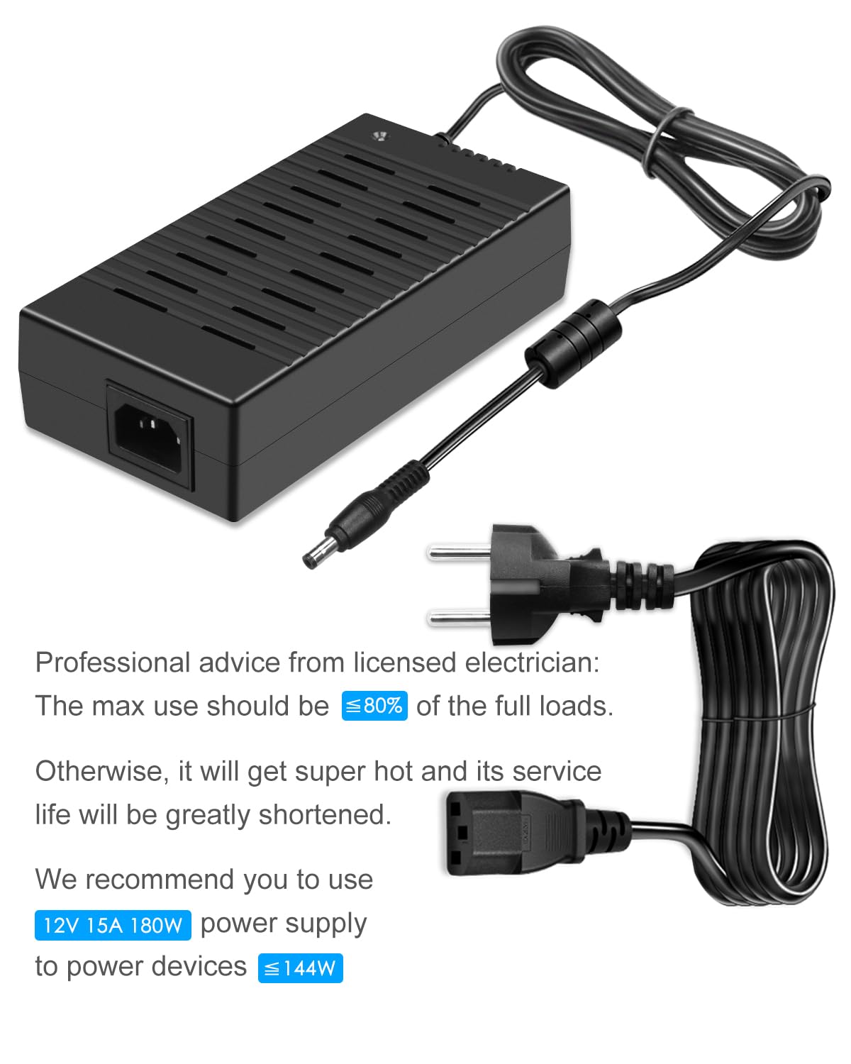 SHNITPWR Netzteil 12V 15A 180W AC/DC Adapter 100-240V 50-60HZ 12 Volt 12A 10A Netzadapter Steckernetzteil 12V mit 3M Netzkabel für LED-Streifenlicht 3D-Drucker DVD TV Kamerasystem