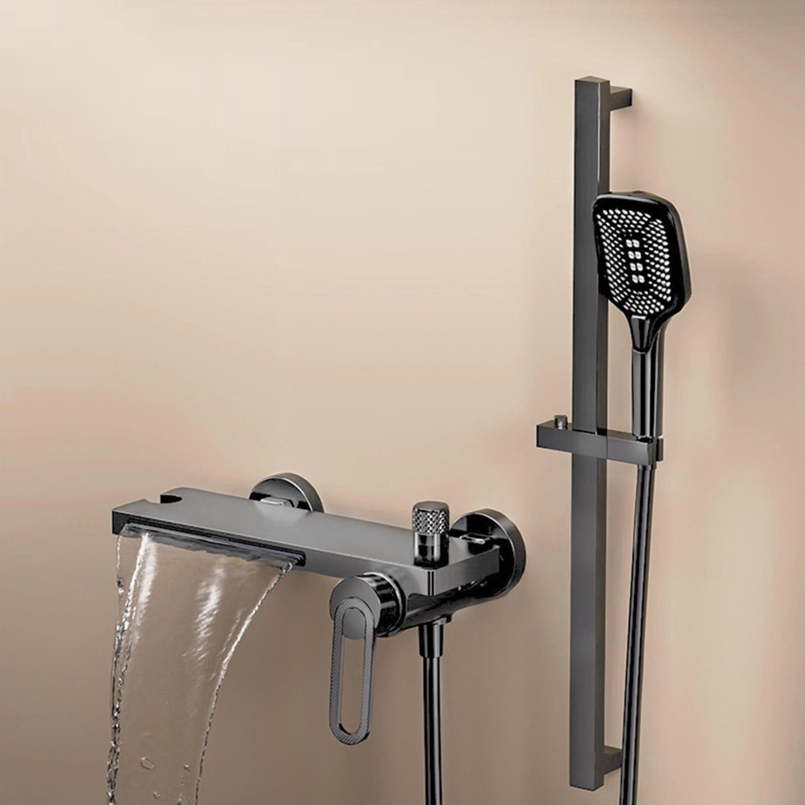 SBCGFY Brushed D Wall Mounted Bath Taps With Mixer Shower, 4 Mode Waterfall Faucet, Single Handle Luxury Bathroom Fixture,Gun Grey