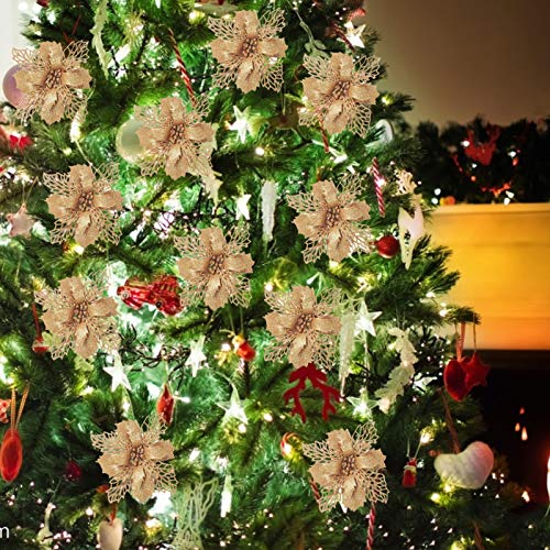 Purpurina Flores artificiales,Flores Navidad Artificiales,Flores artificiales de Navidad,Flores Artificiales de Poinsettia,Navidad Decoración Adorno,Florales para Decoración de Navidad (champán)