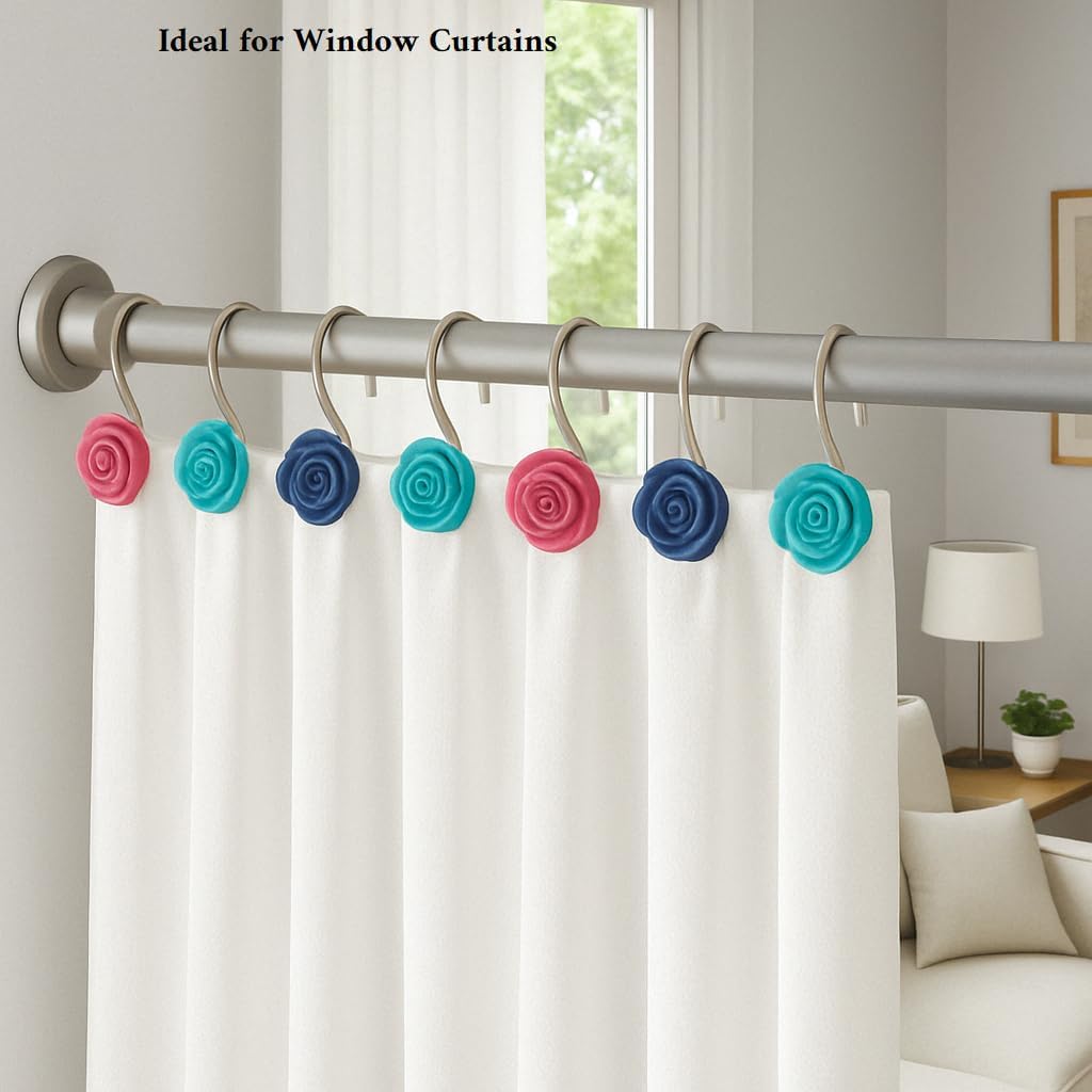 Decorative Rose Shower Curtain Hooks – Set of 12 Resin Flower Rings in Blue, Pink & Turquoise – Rustproof Chrome Hooks – Fits Standard Rods – Bathroom & Home Décor image 3