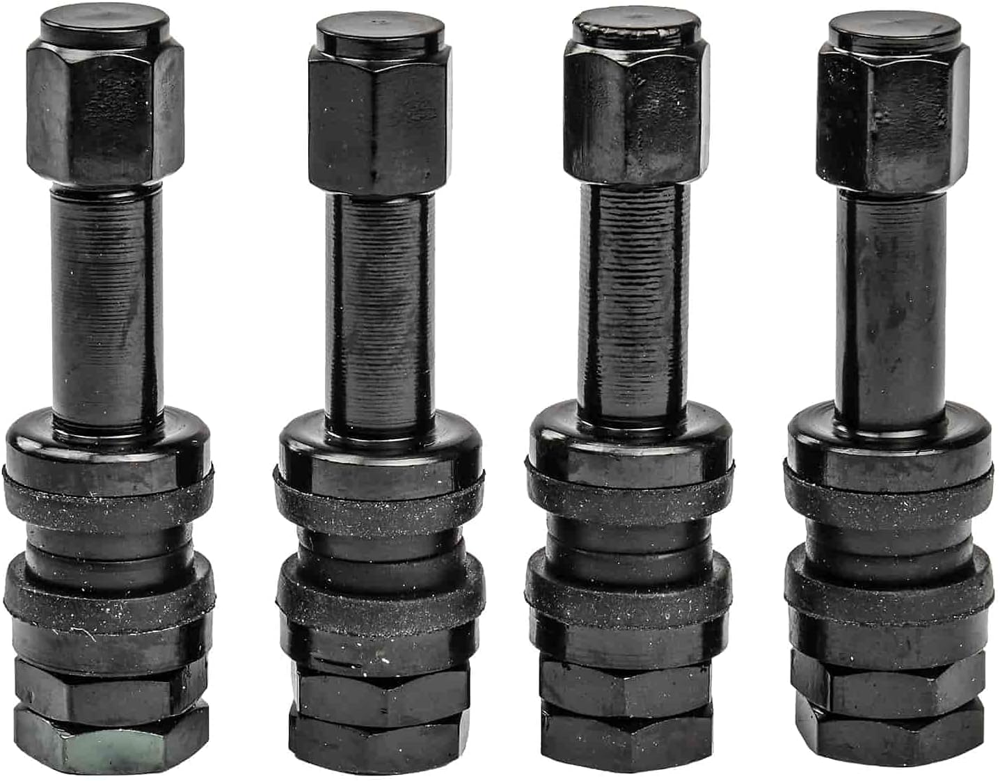 JEGS Tire Valve Stems | Black | TR48E Bolt-On Mount | 1.890� Overall Length | 4 Per Package | Includes Matching Caps | 130 PSI Maximum Cold Inflation Pressure | 0.453 in. Diameter Valve Stem Hole