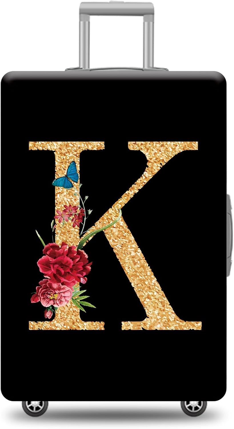 Letter K Luggage Cover Floral Monogram Initial Suitcase Cover Elastic Washable Travel Suitcase Protector Fits 29-32 Inch Black Yellow