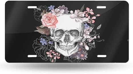 License Plate Sugar Skull Flower Decorative Car Front License Plate,Vanity Tag,Metal Car Plate,Aluminum Novelty License Plate for Men/Women/Boy/Girls Car,6 X 12inch