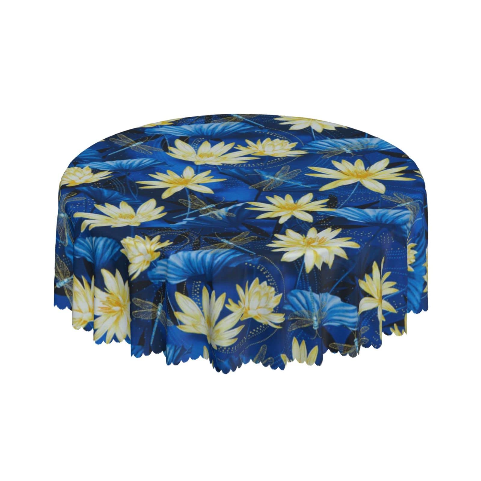 Lsjuee Lotus Dragonfly Blue Round Tablecloth 60 Inch Printed Washable Tablecloth for Dining Party Holiday Fall Home Decorative