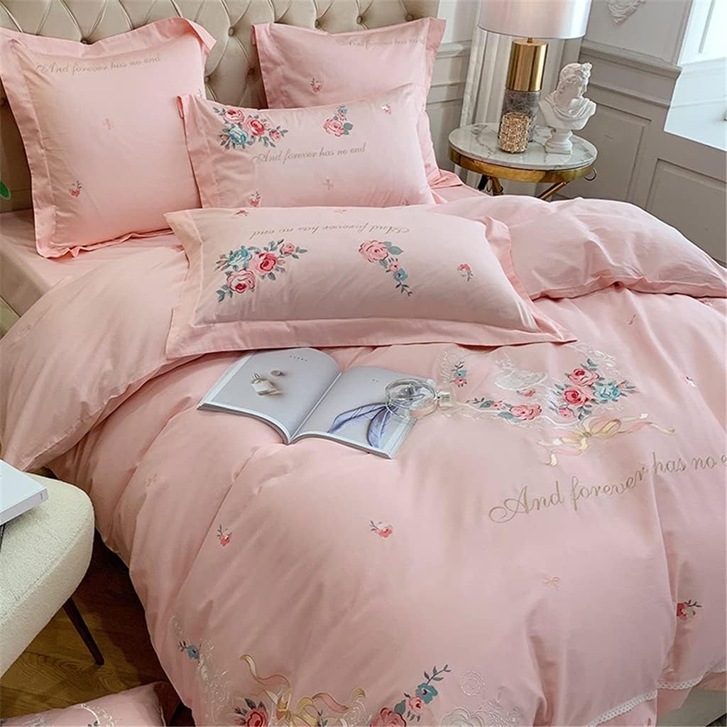Pink Princess Style Long-Staple Cotton Four-Piece Girl Embroidery All-Cotton Duvet Cover Wedding Bed Linen (Color : Pink 7-Piece Suit, Size : 1.8m)