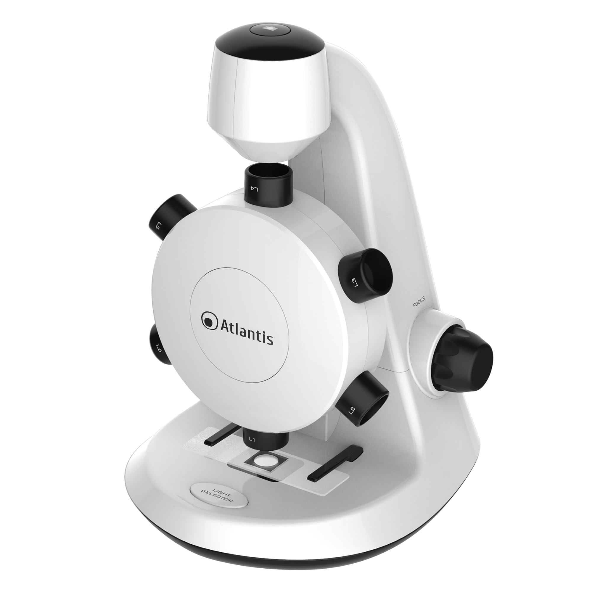 Microscopio Digitale USB Atlantis E45-MS737. Risoluzione UXGA 1600x1200. 6 ottiche di ingrandimento preimpostato da 100x a 600x. Messa a fuoco, Illuminazione superiore ed inferiore. PC, MAC e Android