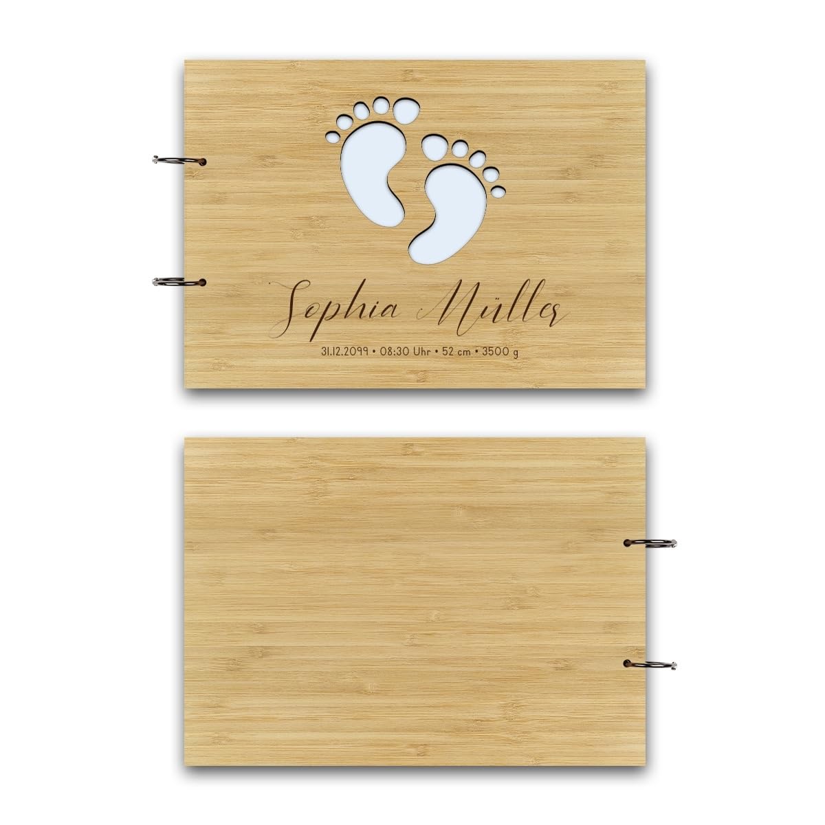 Personalisiertes Geburt Gästebuch echtes Holz DIN A4 Erinnerungsbuch mit Lasergravur - Fußabdrücke - mit 72 Blatt / 144 Seiten Naturpapier Weiß