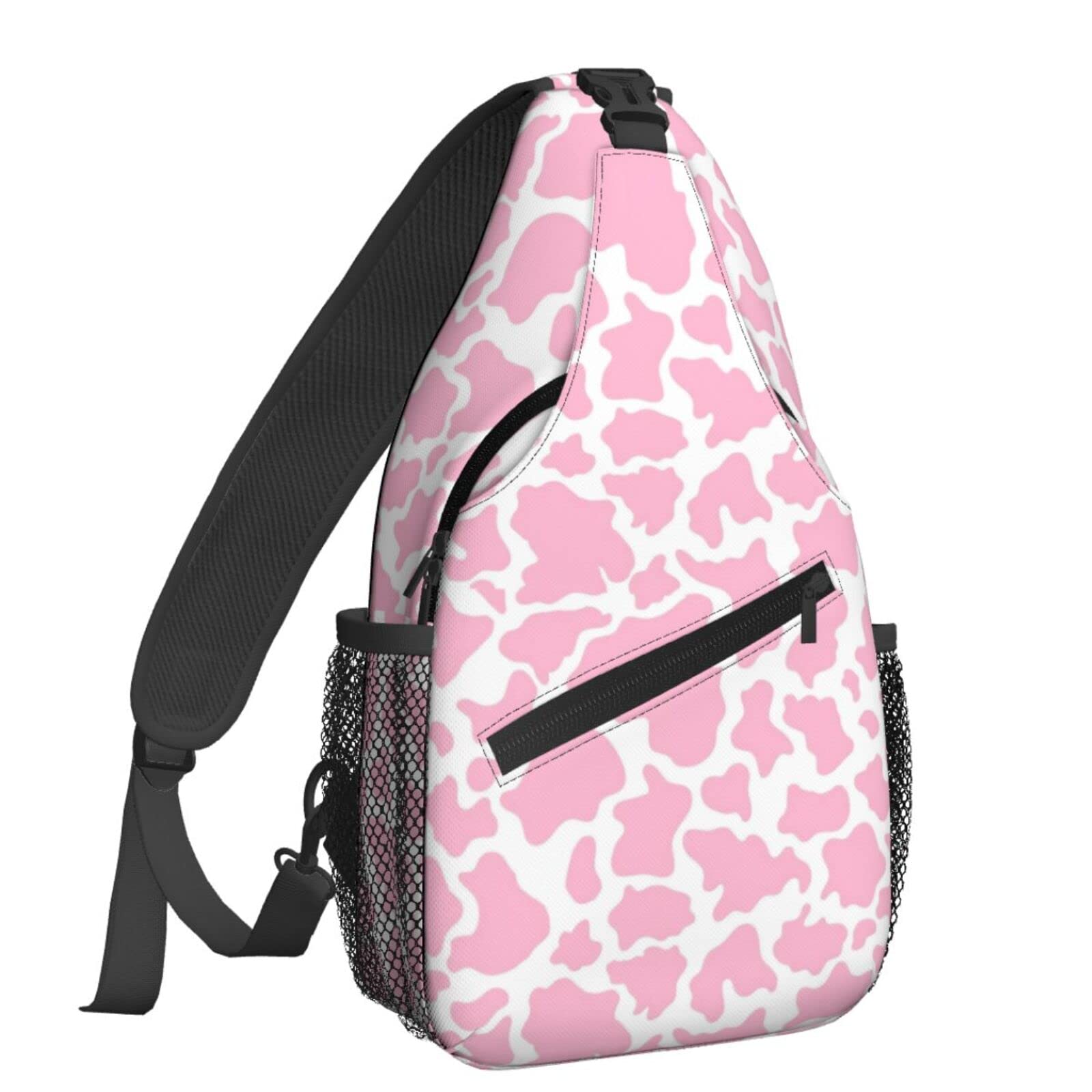 Famame Pink Cow Print Sling Backpack Chest Bag Crossbody Shoulder Bag Gym Cycling Travel Hiking Daypack For Men Women