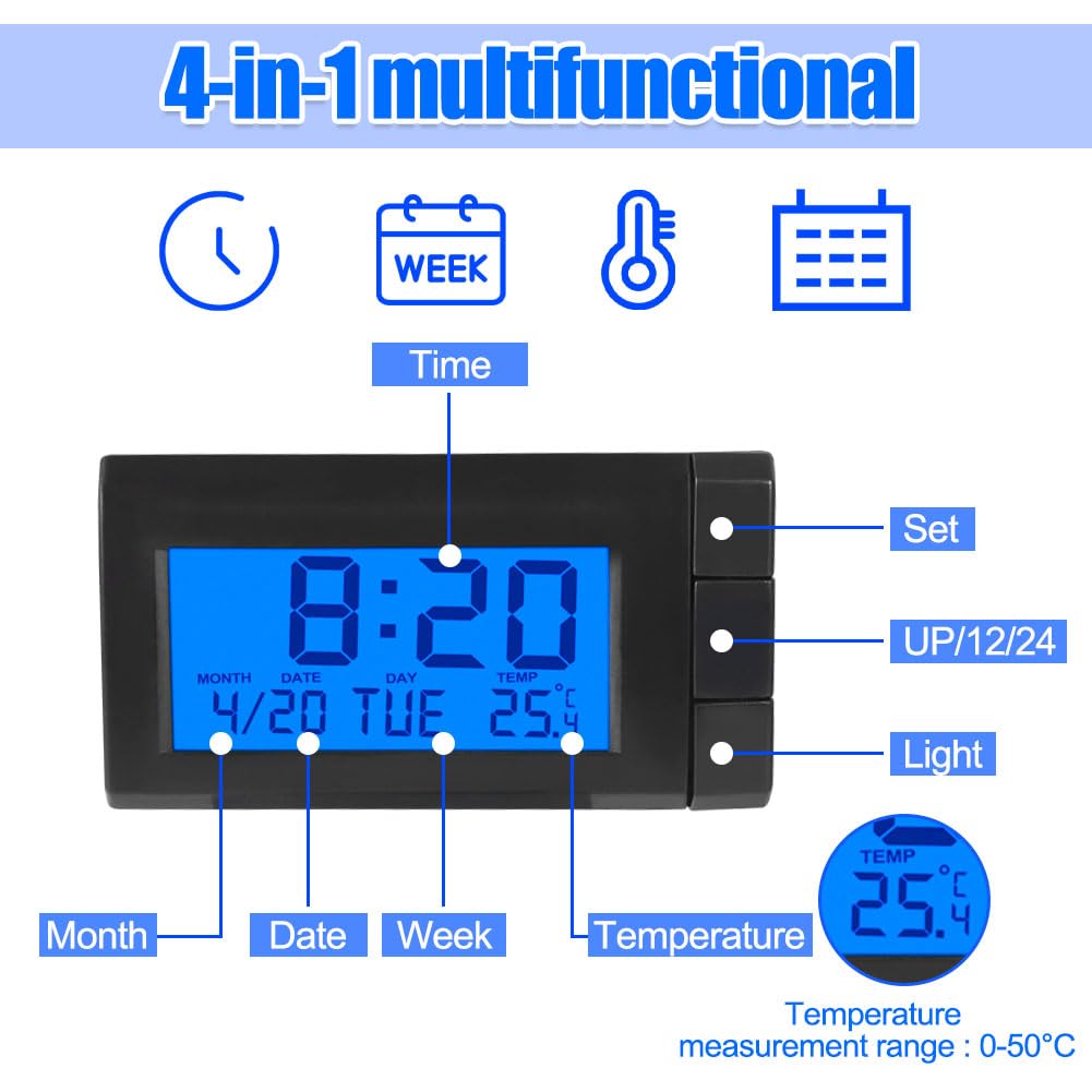 Horloge Thermomètre Voiture - Digital Avec Rétroéclairage Bleu - Autocollant 3M - Pile Incluse