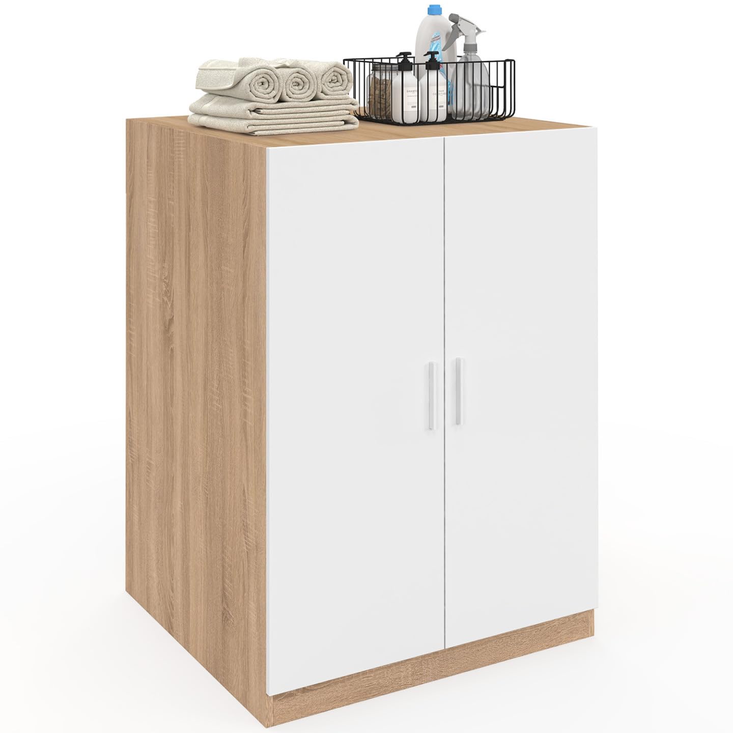 IDMarket – Mueble para lavadora con puertas Wallis blanco y madera efecto haya
