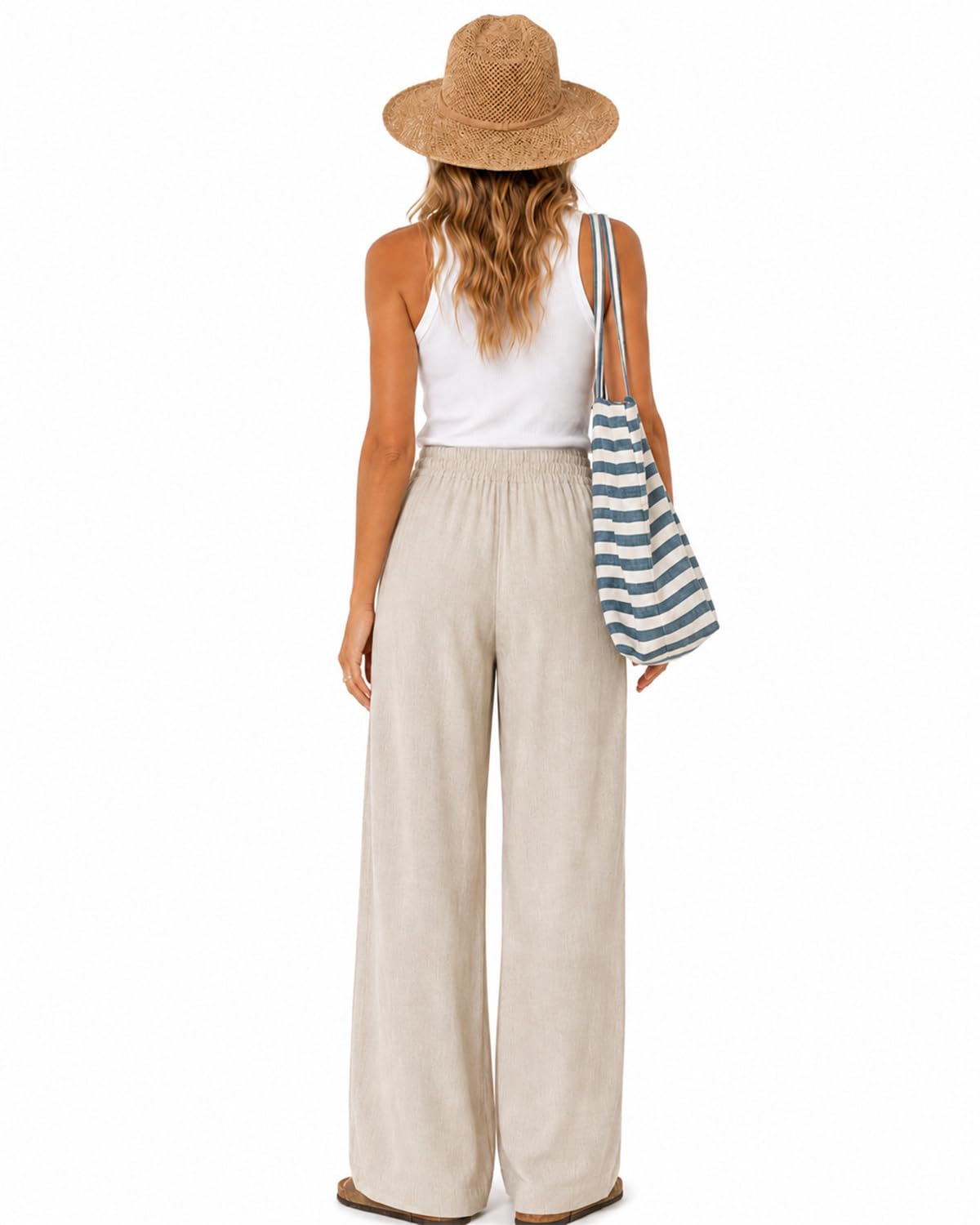 Zylioo Pantalon Palazzo en lin pour femme avec poches, coupe longue et jambes larges, décontracté, plage, voyage