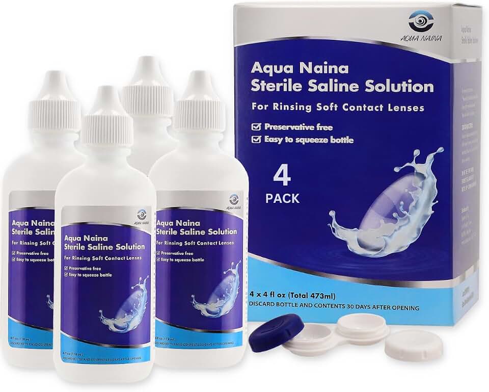 Oculus Curae Aqua Naina Saline Solution – Preservative-Free Sterile Rinse for Soft, Hard & Gas Permeable Contact Lenses – Unisol 4 Alternative – Travel-Friendly – 4X 4 fl oz Bottles